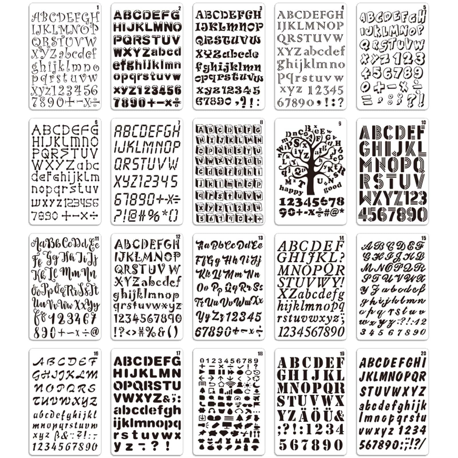 Qpout 20 Pack Letter and Number Stencils, Reusable Plastic Alphabet Stencils Journal Supplies Templates for Drawing Scrapbooking DIY Card Wall Notebook Drawing Craft Templates