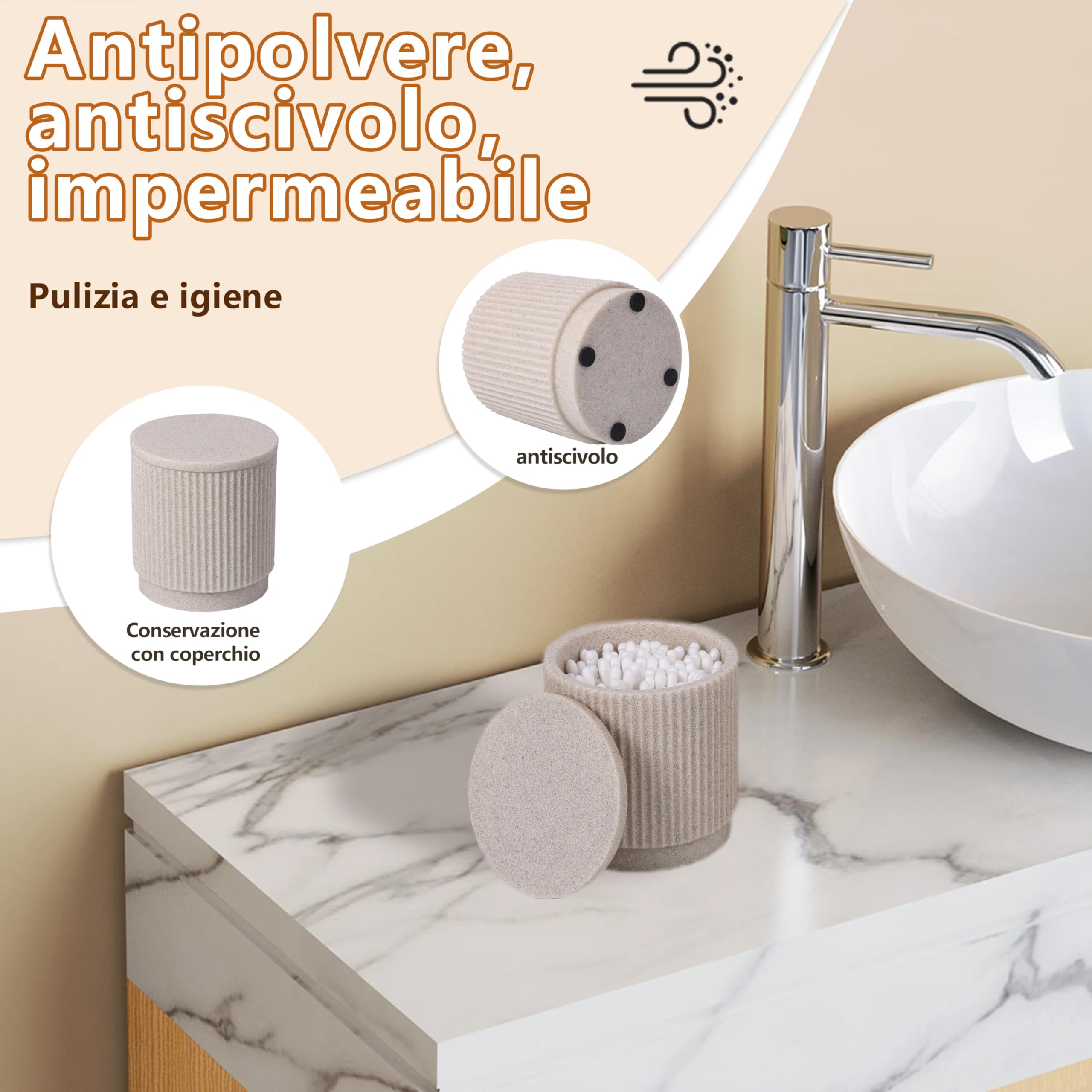 Set Bagno 6 Pezzi – Dispensatore Sapone + Set Bicchiere Dentifricio con Vassoio & Porta Cotton Fioc – Design Righe (Beige), Resina Premium – Include Portaspazzolini & Organizzatore