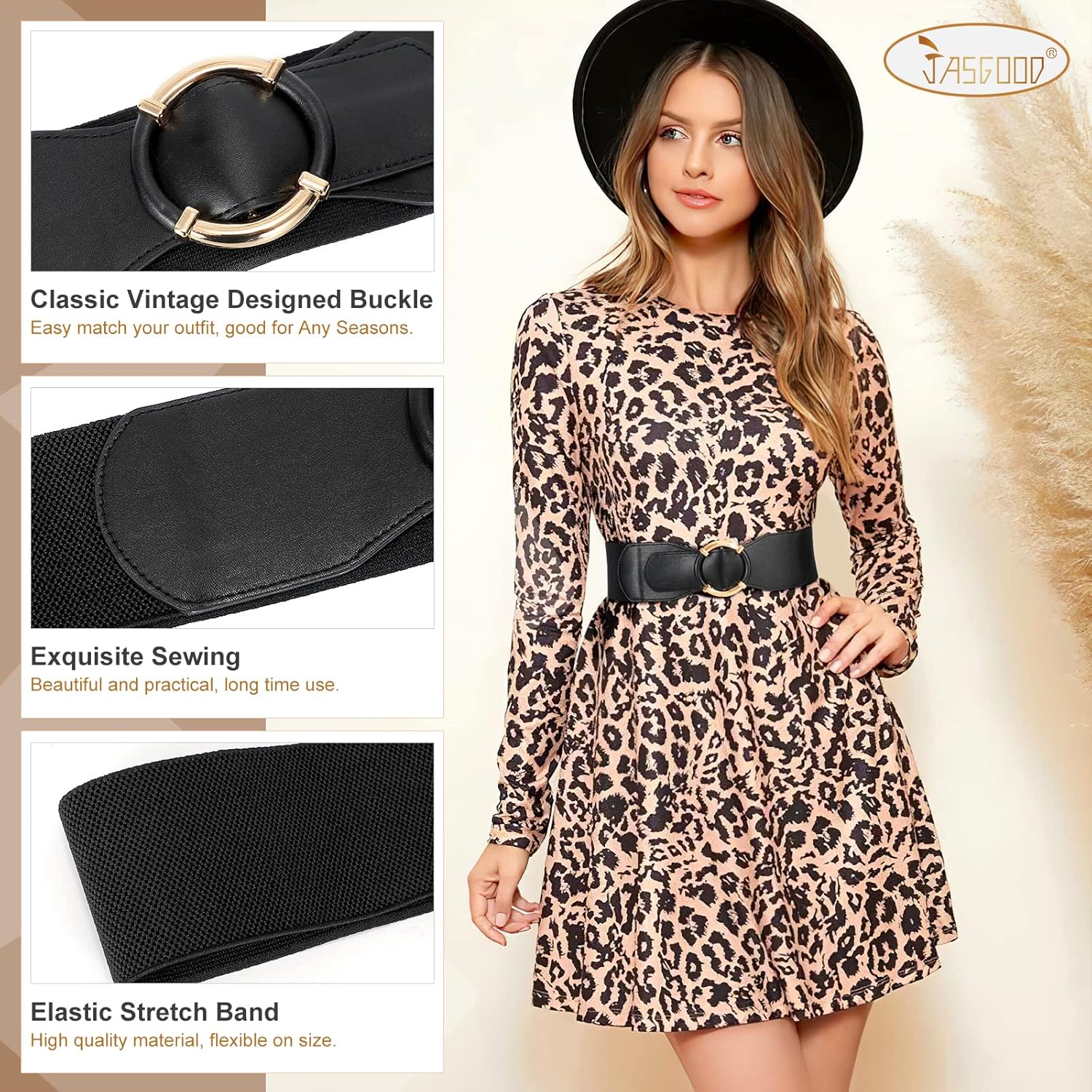 JASGOOD Women Wide Waist Belt Stretchy Elastic Vintage Belts for Dress Ladies Belt with Circle Buckle - Image 3