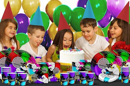 Miniatura 7 de Paintball - Juego de suministros para fiesta de cumpleaños, platos, servilletas, tazas, vajilla para 16