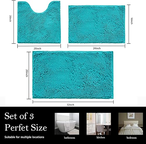 Miniatura 2 de Juego de 3 tapetes de baño de chenilla, superabsorbentes, parte trasera antideslizante de PVC fuerte, tapetes de baño para baño, felpa peluda,