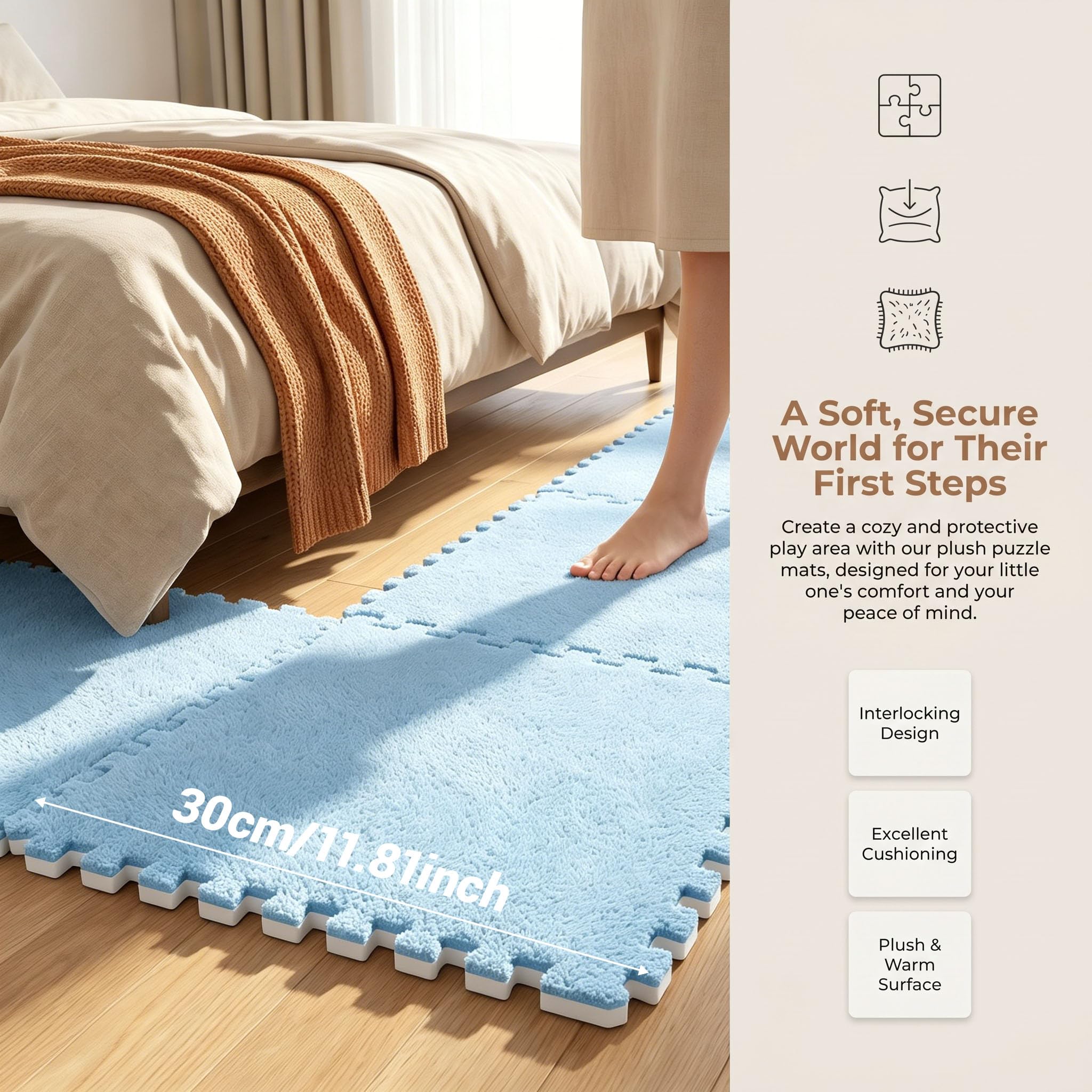 Lot de 12 tapis puzzle emboîtables en peluche, 30 x 30 cm, tapis puzzle en mousse, tapis de sol, tapis puzzle pour bébé, tapis de sol en mousse, pour salon, chambre à coucher, bleu ciel