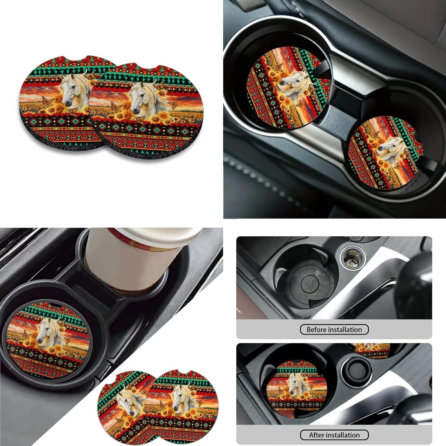 Sunflower Horse Aztec Print Universal Car Seat Covers Full Set with Steering Wheel Cover/Armrest Cover/Seatbelt Covers/Coasters/Lip Holder/Keychains