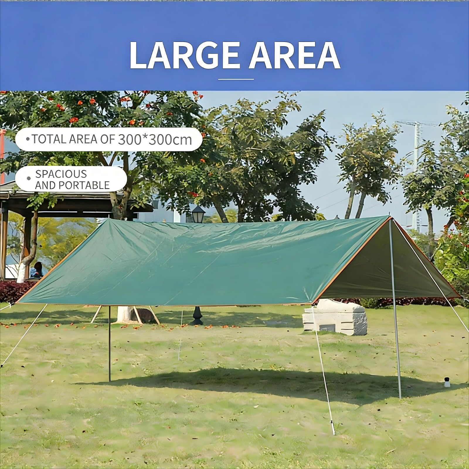 Plandeka kempingowa, wodoodporna, 3 x 3 m, z oczkami, linki napinające i śledzie, ochrona przed promieniowaniem UV, do hamaka, schronienia na piknik, do bushcraft pieszych wędrówek, jasnozielona
