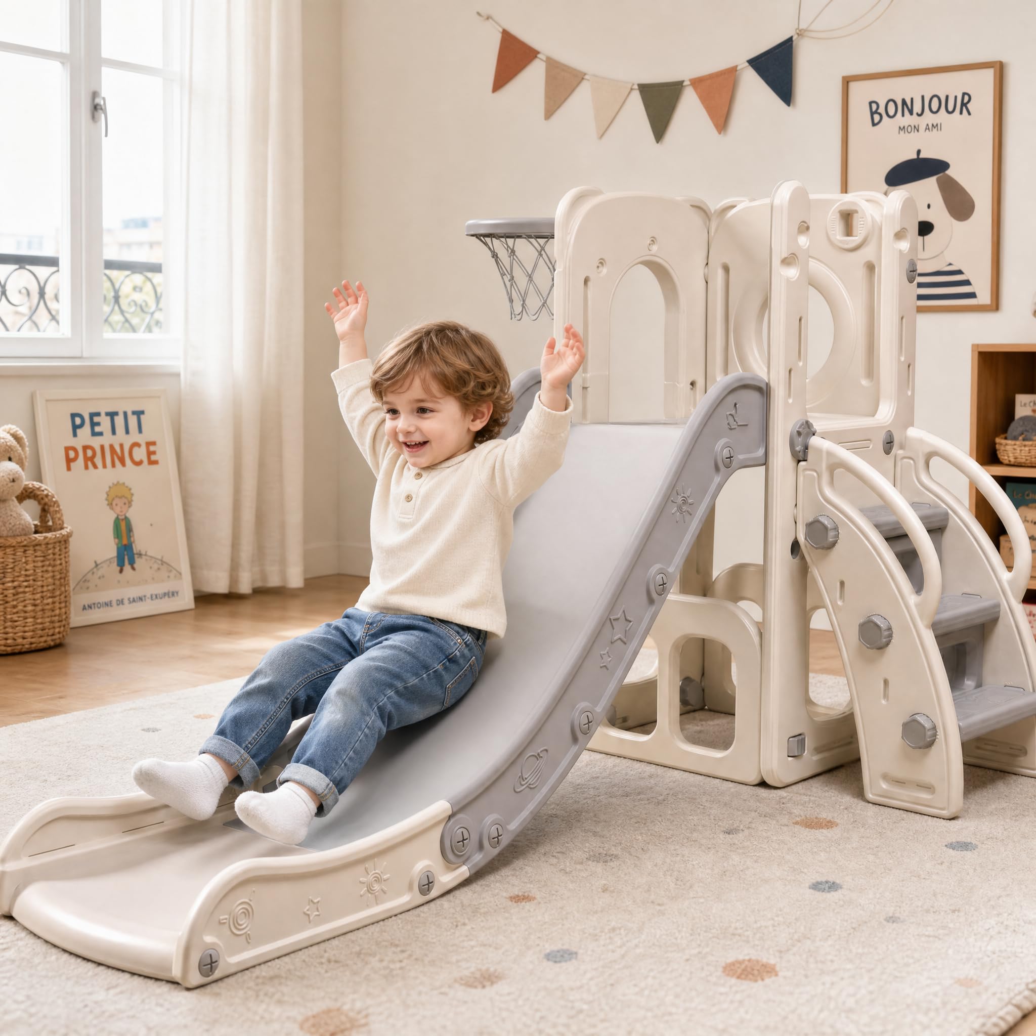 HLC Toboggan Enfants avec Glisse 140cm & Panier de Basketball, Toboggan Exterieur/Interieur Enfant, Jeu Intérieur Extérieur pour Enfants de 1-3 Ans
