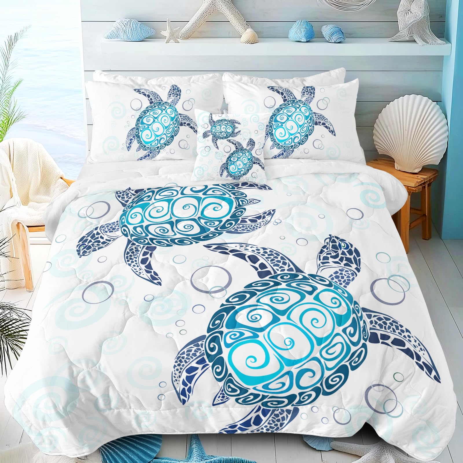 Sleepwish 4 Pieces Sea Turtle Comforter Set Queen Size Bedding for Kids Royal Aqua Blue Tortoise Comforter Soft Bed Set