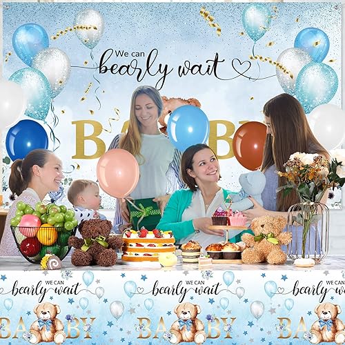 Miniatura 6 de 67 piezas de decoración de oso para baby shower, oso de espera, mantel de baby shower, telón de fondo y globos azules y marrones, decoraciones para