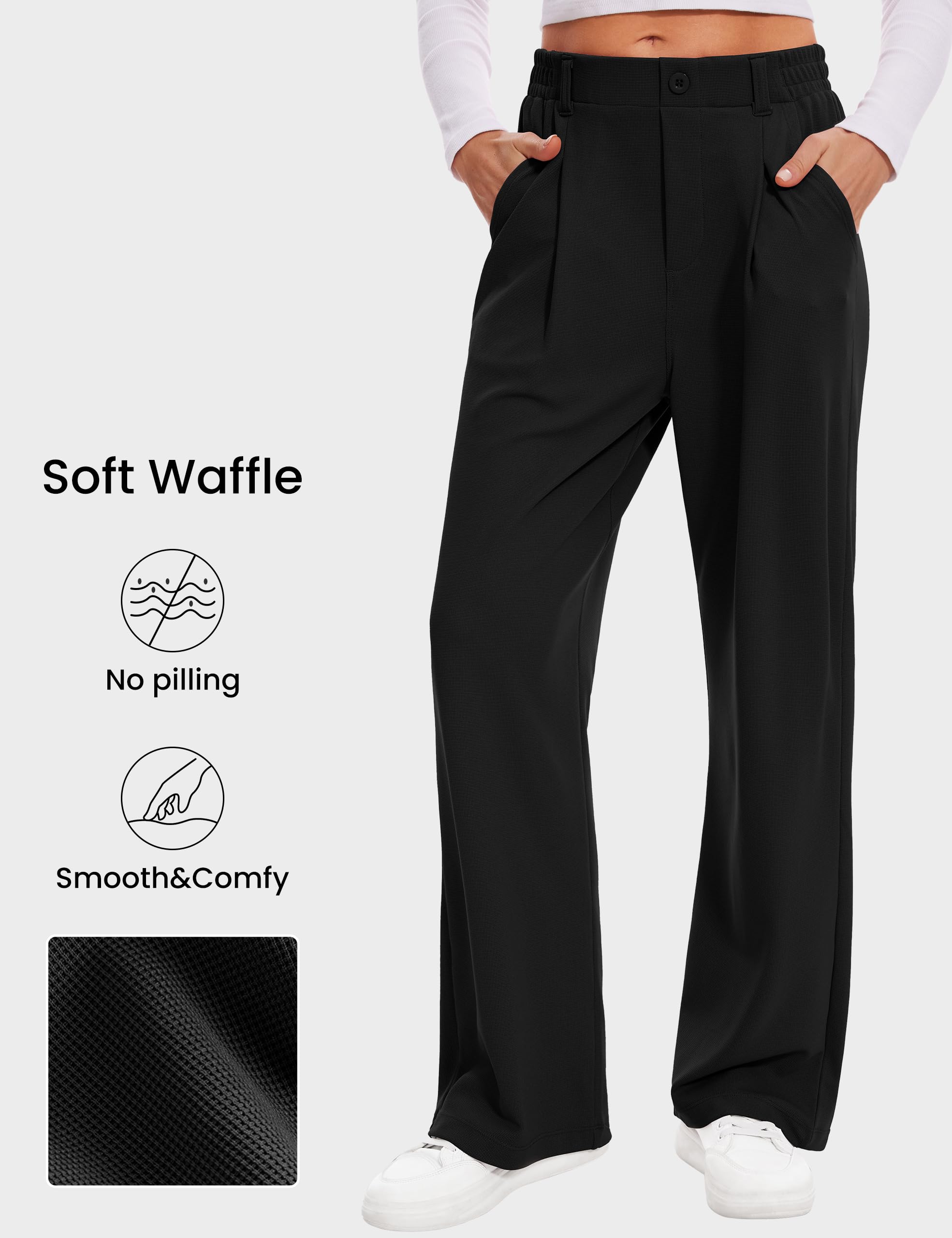 Desol Pantalones largos de gofre, pantalones largos de palazzo, elegantes pantalones de tela, pantalones de traje para mujer, pantalones anchos de verano con bolsillos, cintura alta, pantalones para