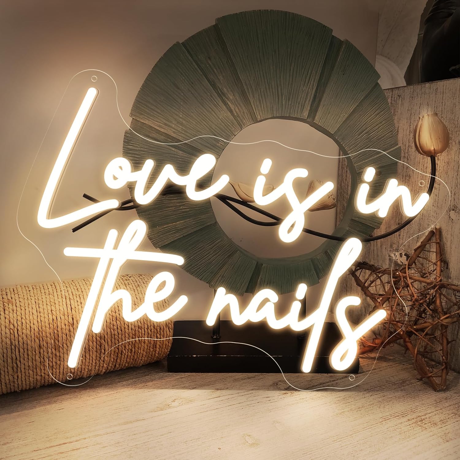 Love is in The Nails Neon Sign Spa Beauty Room Brows Lashed Salon Studio LED Wall Art Decor For Business Stores Logo Barber Shops Led Indoor Custom Neon Lights 5V USB Powered Warm White 40×29.4 CM