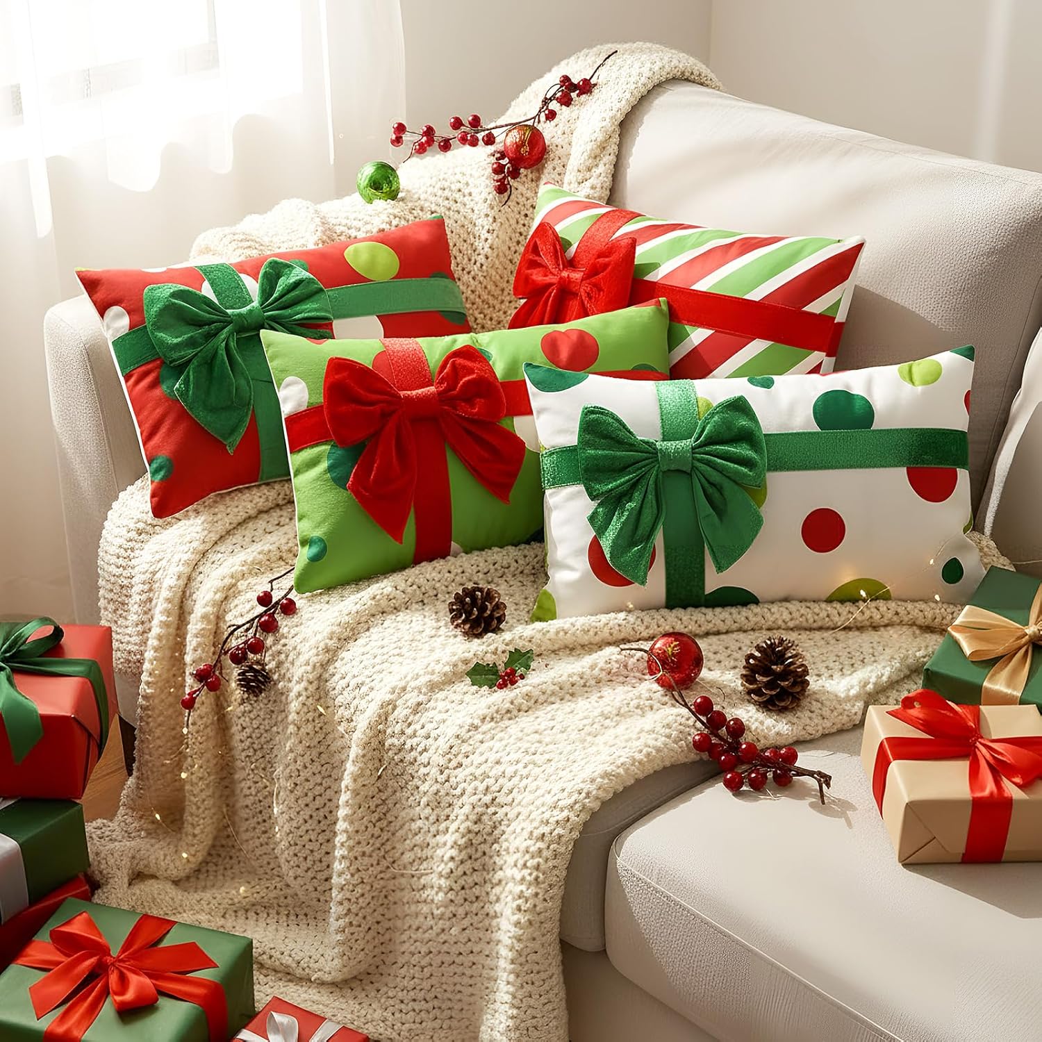 Breling 4 Set Christmas Pillow Covers 3D Bows Gift Box Pillow Cases 18 x 18 Inch Red Green Stripe Dot Xmas Winter Cushion Cases for Christmas Home Chair Bed Sofa Cushion Decor