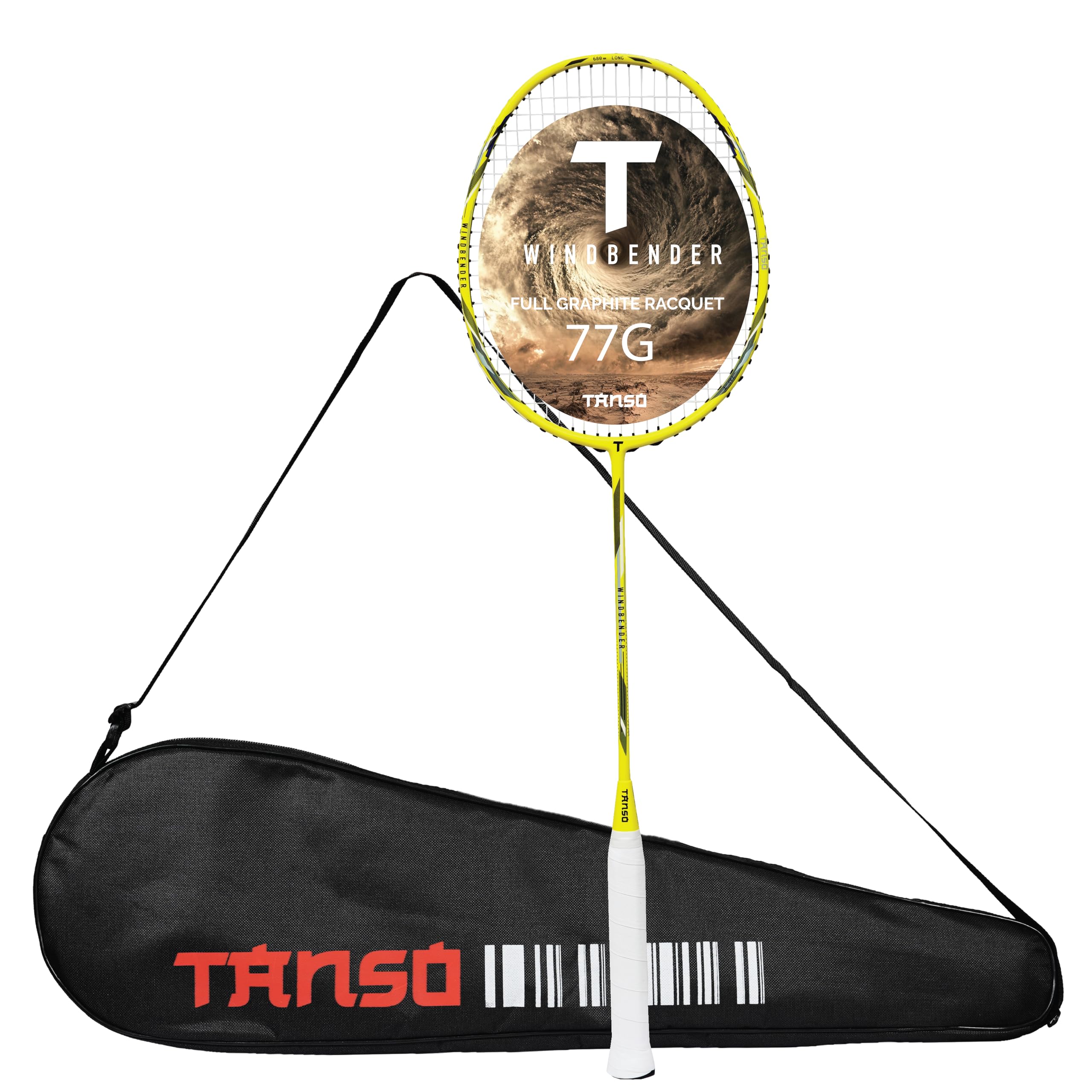 TANSO Windbender Full Graphite Ultra Light Weight Carbon Fibre Strung Badminton Racket (32 Lbs Tension, 680 mm Long, 77 Grams, Strung with Premium Strings and Full Racquet Cover)