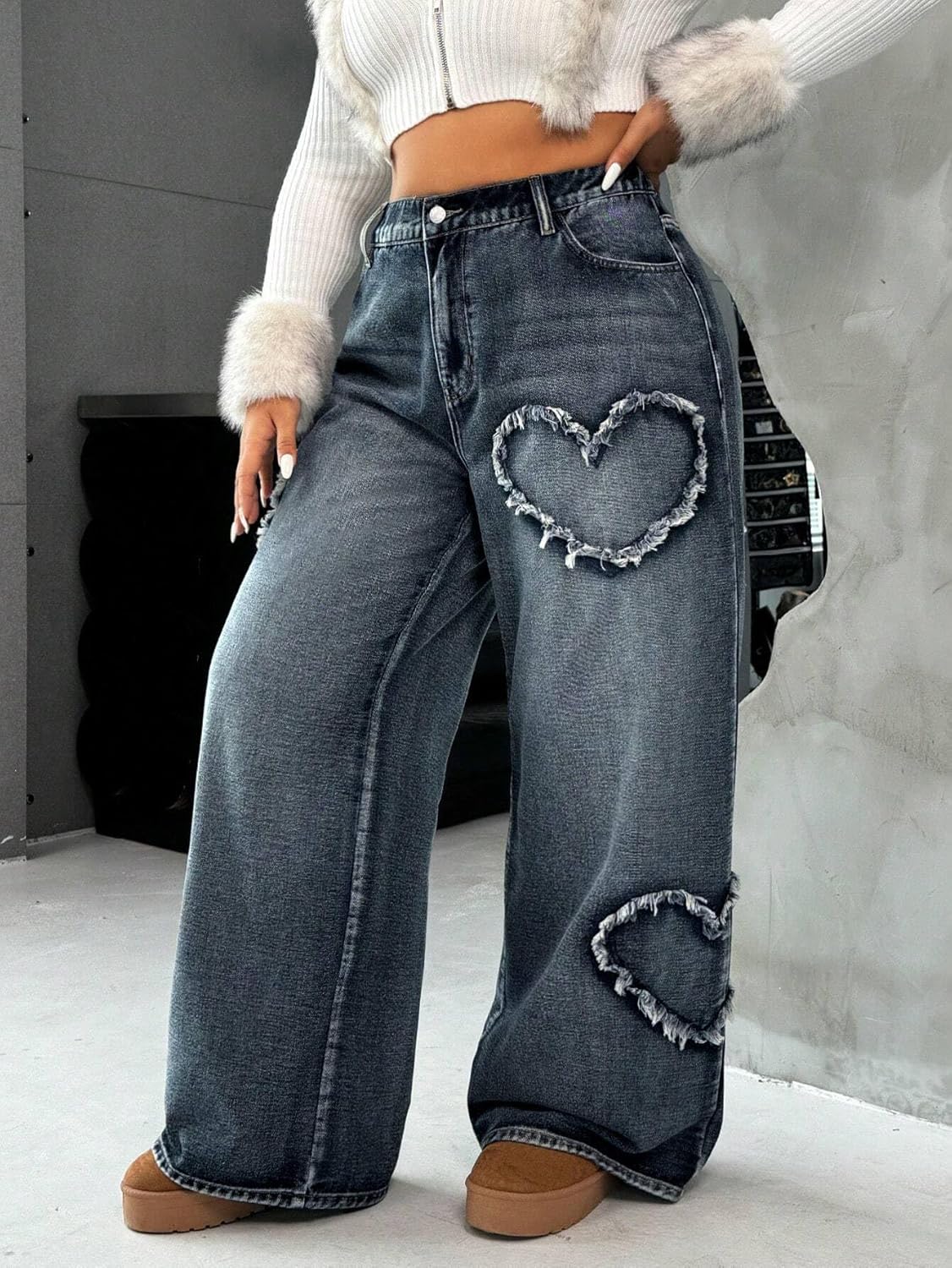 High Waisted Wide Leg Jeans, Heart Pattern Distressed Denim - image 4
