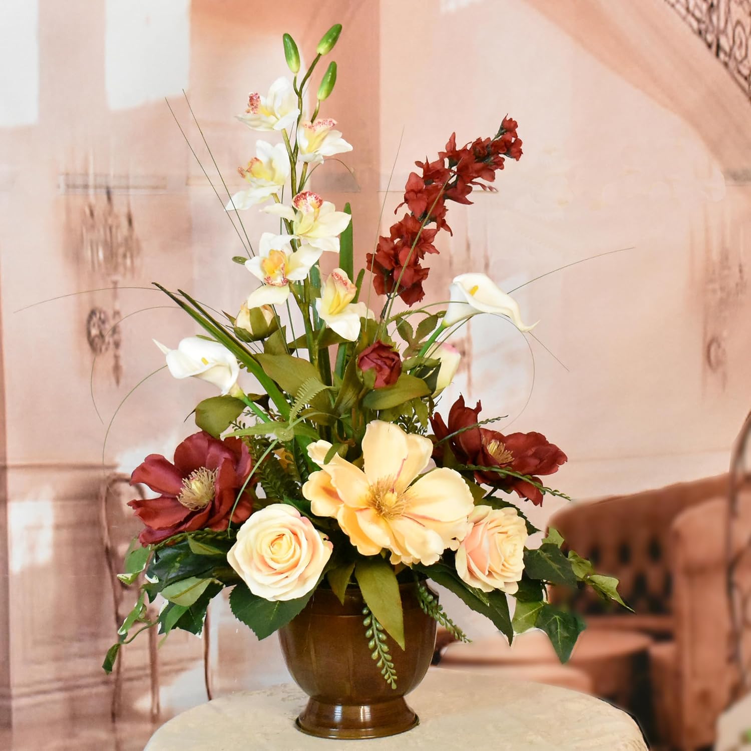Magnolia, Rose and Orchid Silk Flower Arrangement