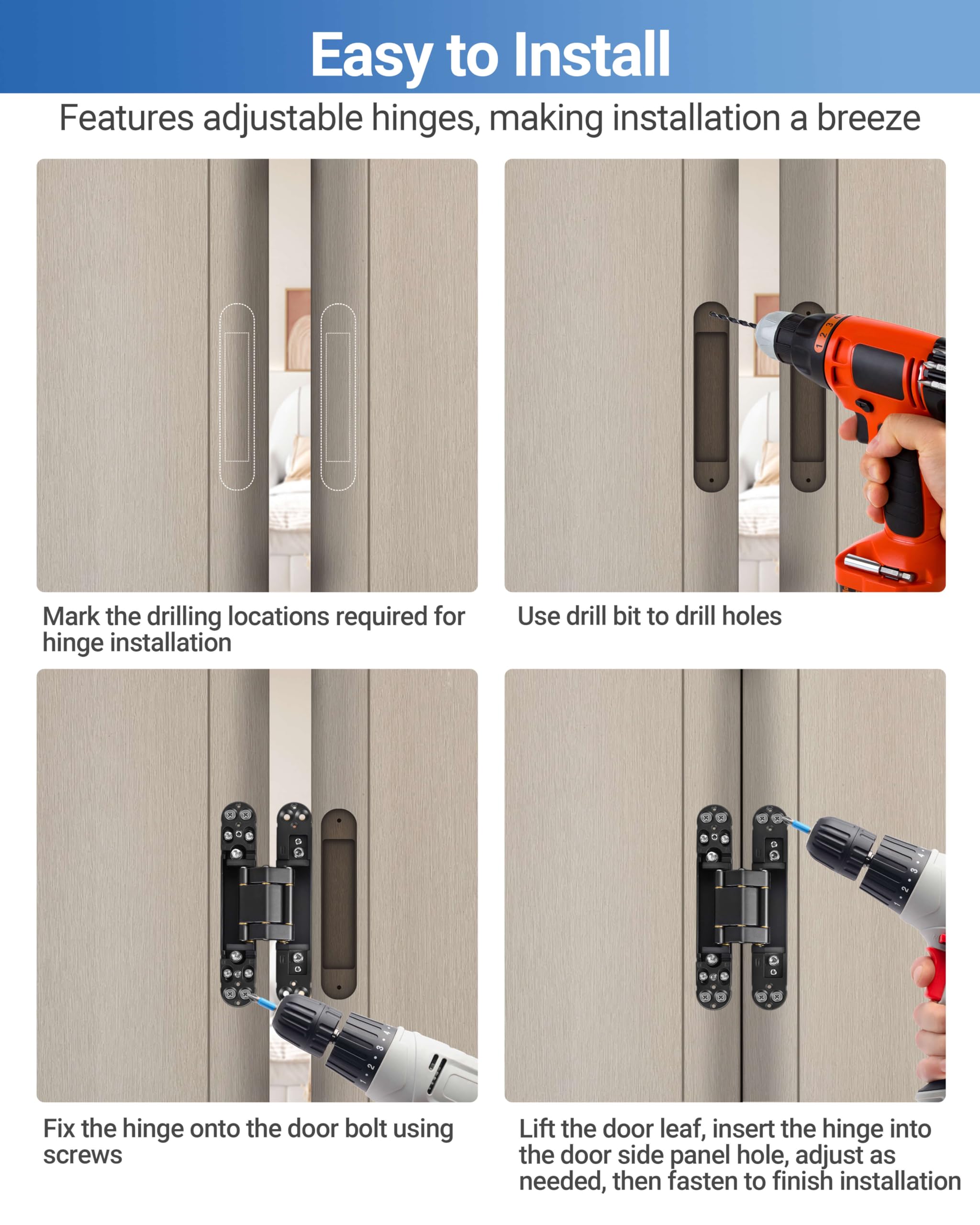 Bisagras invisibles, bisagra oculta para puerta, aleación de zinc resistente de 6 pulgadas, bisagra ajustable de 3 vías, bisagra oculta de giro de 180 grados, soporte de estructura de cobre mejorado,