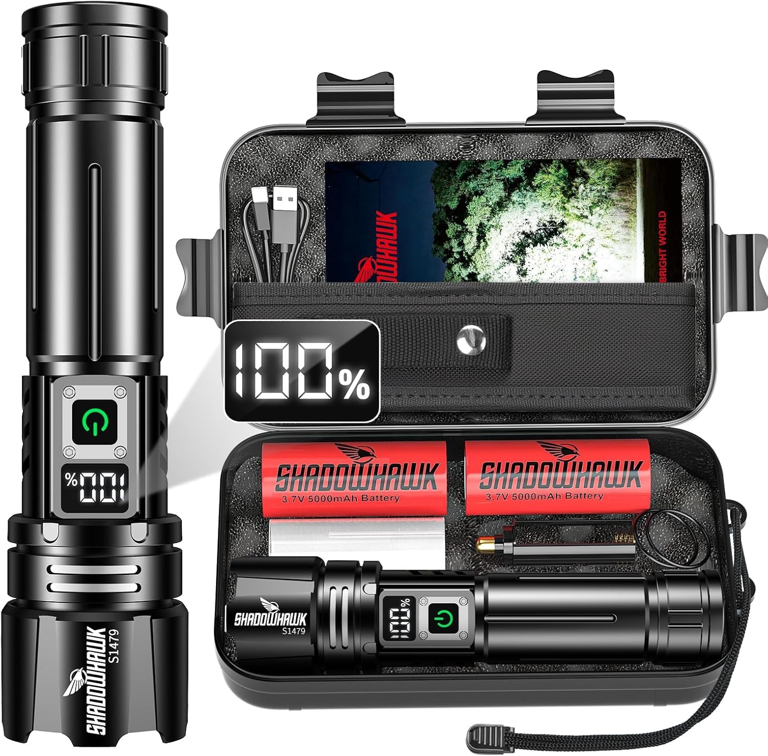 Shadowhawk Torce ad alta potenza 24H Illuminazione | Militare 100000 lumen 30 W Torcia LED Potente Rechargeable(2 batterie 5000 mAh), tattica per campeggio/emergenze/escursionismo, schermo LCD e IP67