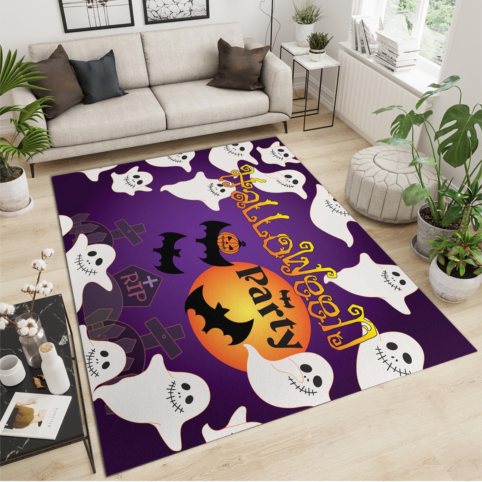 QDJKBL Area Rugs 70 x 120 cm Halloween Holiday Decorations, Cartoon Pumpkin Bat White Ghost Modern Rug, Office Rug Lightweight and Low Profile Perfect for Hardwood Floors