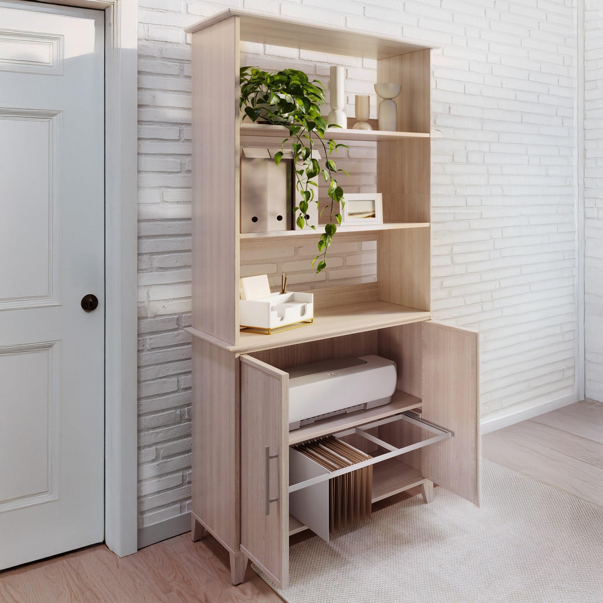 Realspace(r) Koru 72"H 3-Shelf Bookcase With Printer Shelf & File Storage, Natural Oak