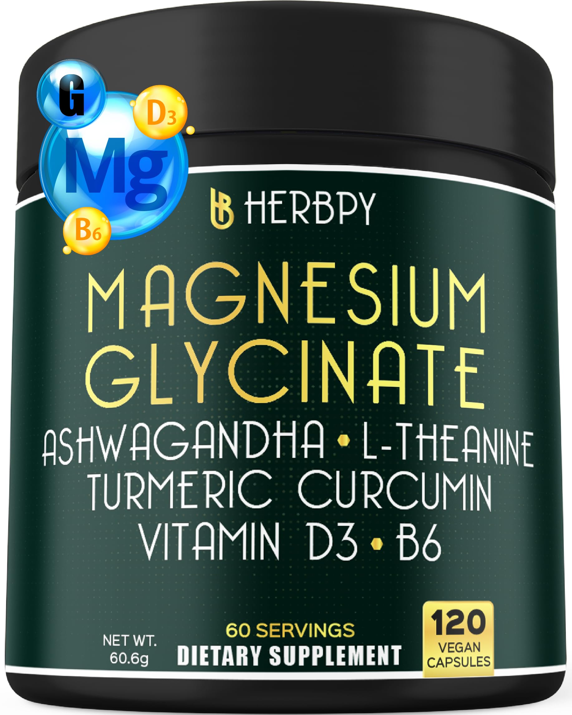 6in1 Restful Day and Night Supplement with Magnesium Glycinate, Vitamin D3, B6, L-Theanine, Ashwagandha and Turmeric Root - Brain, Heart and Digestive Health Support - 120 Vegan Capsules