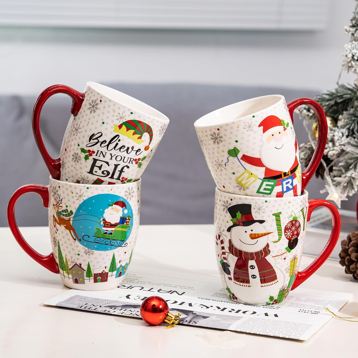 Topadorn Christmas Mugs Set of 4, Festive Coffee Cups with Handle, 18 oz Ceramic Coffee Cups - Gift for Family and Friends, Ideal for Holiday Party, Hot Chocolate, Tea - Image 4