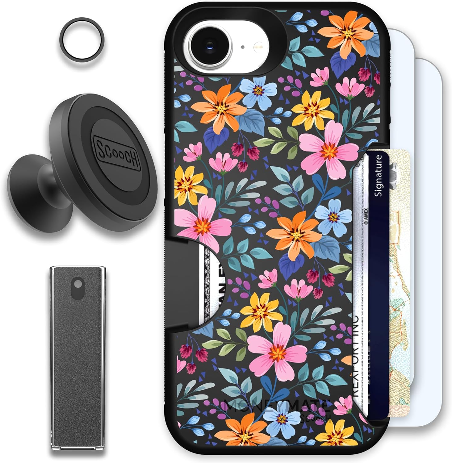 Scooch for iPhone 16e Case with Card Holder, Moneymate [Defender Bundle] with 2 Screen Protectors, Camera Protector, Wingmount, Mounting Card, Tech Spray, Full Bloom