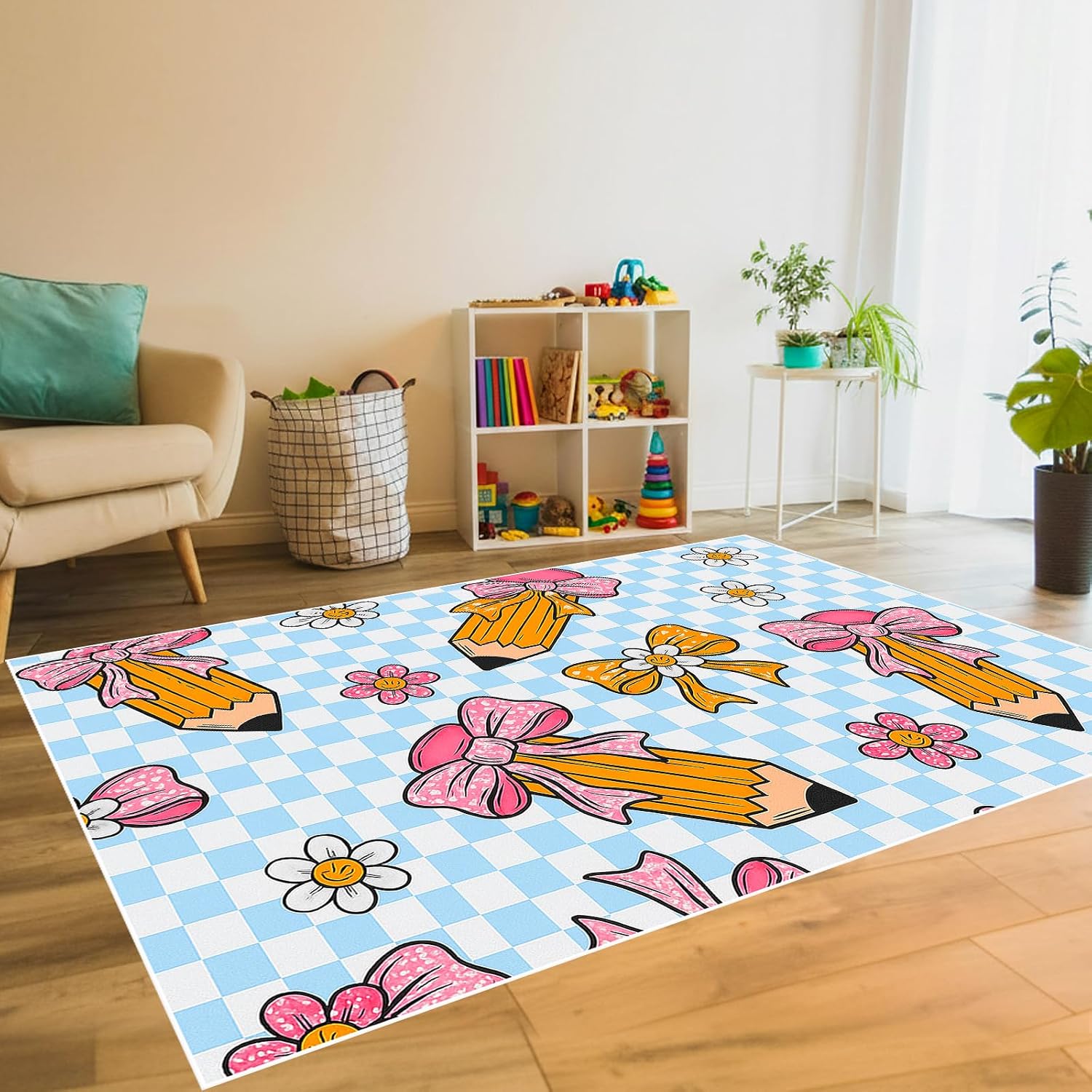 Nuanchu 5 x 7 ft Large Classroom Rug Pencil Bow Elementary Classroom Carpets with Rubber Non-Slip Backing Playmat Rugs Play Mat Nursery Rugs for Back to School Preschool Elementary Playroom
