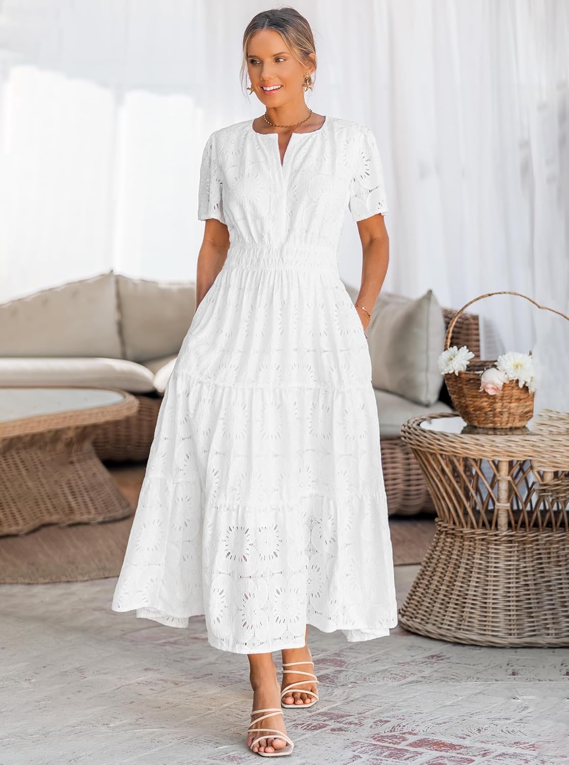 Summer Flowy Maxi Dresses for Women 2026 Spring Vacation Eyelet Lace Short Sleeve Wedding Guest Casual Boho Dresses - Image 4