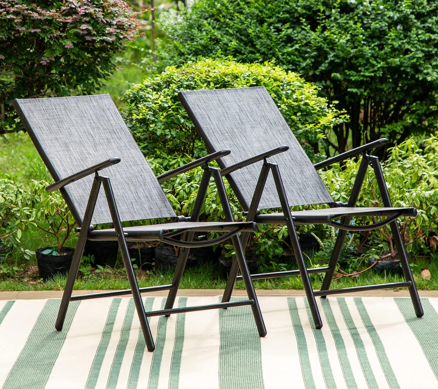 PHI VILLA Patio Dining Chairs Set of 2, Adjustable Folding Patio Sling Chairs Reclining High Back Chairs with Armrest for Outdoor Garden Lawn Pool Yard, Grey