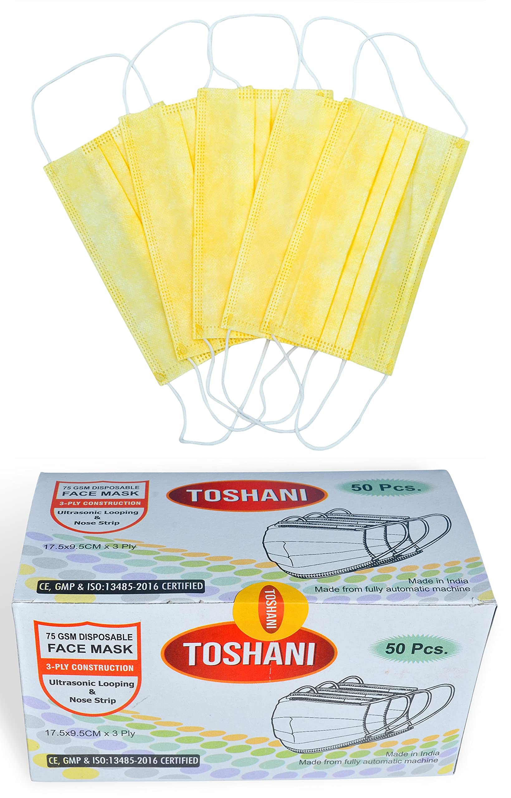 Toshani Disposable Non-Woven 3 Ply Surgical Mask with SSMMS Filter and Flexible Nose Wire - 100% Machine Made; UV Sterilized; Easily Breathable (Yellow) (B09BLD912F) Amazon Price History, Amazon Price Tracker