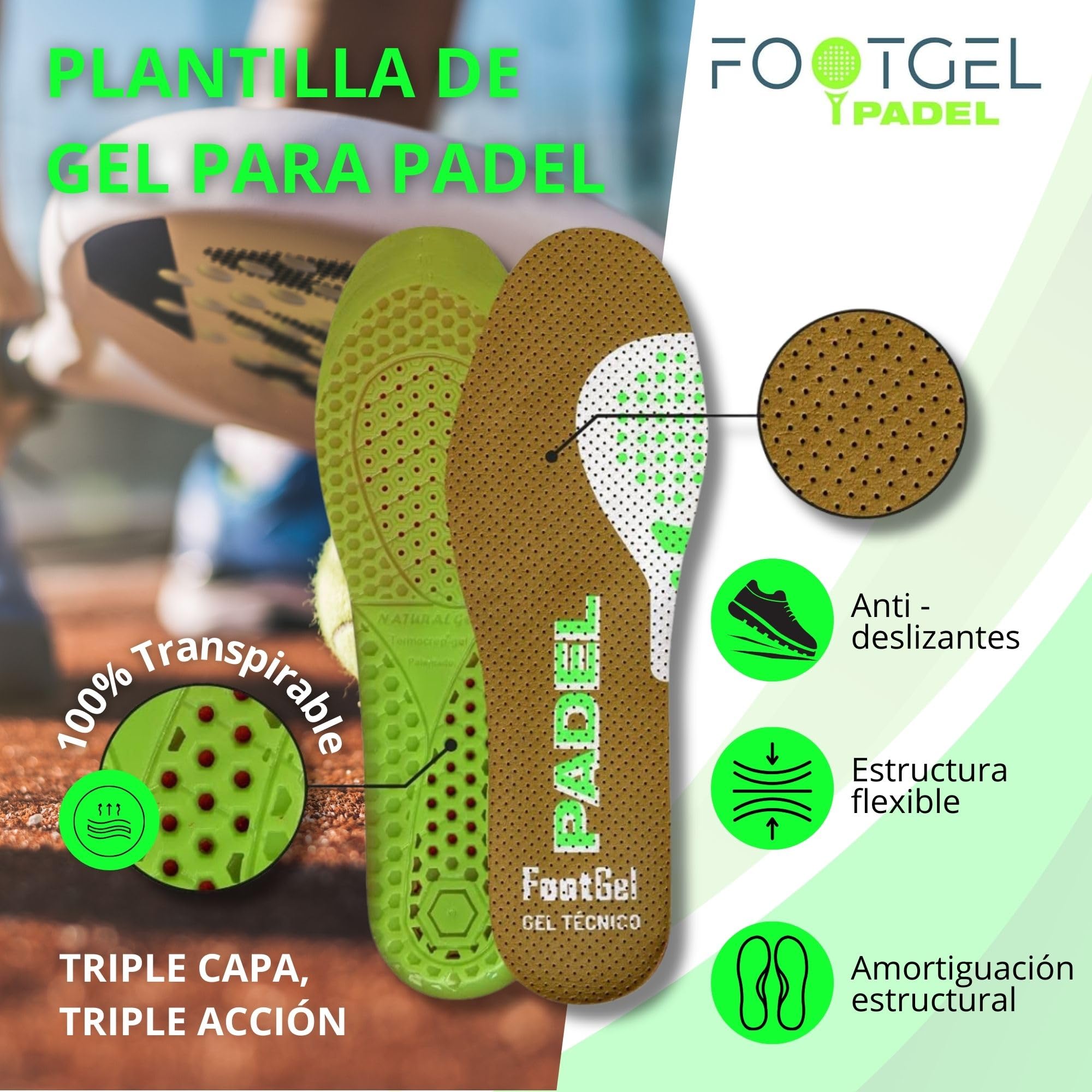 Plantillas Padel Gel Deportivas Transpirables Estabilizadoras Tallas 43-47