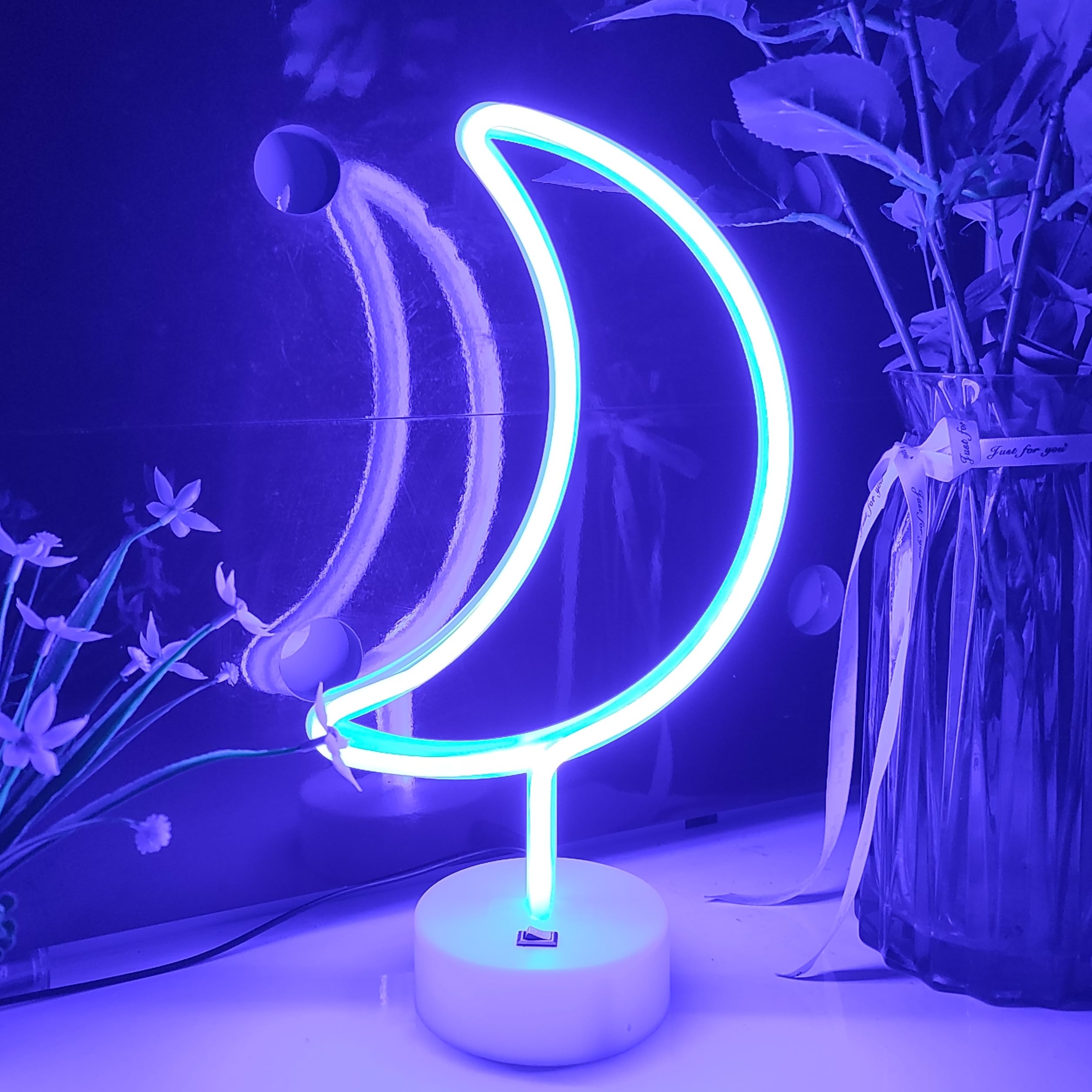 JYWJ Moon Neon Sign with Holder Base,USB or 3-AA Battery Powered Neon Light,LED Table Decoration,Bedroom Wall Decoration,Birthday Gift,Wedding Supplies Business Gift(Blue)