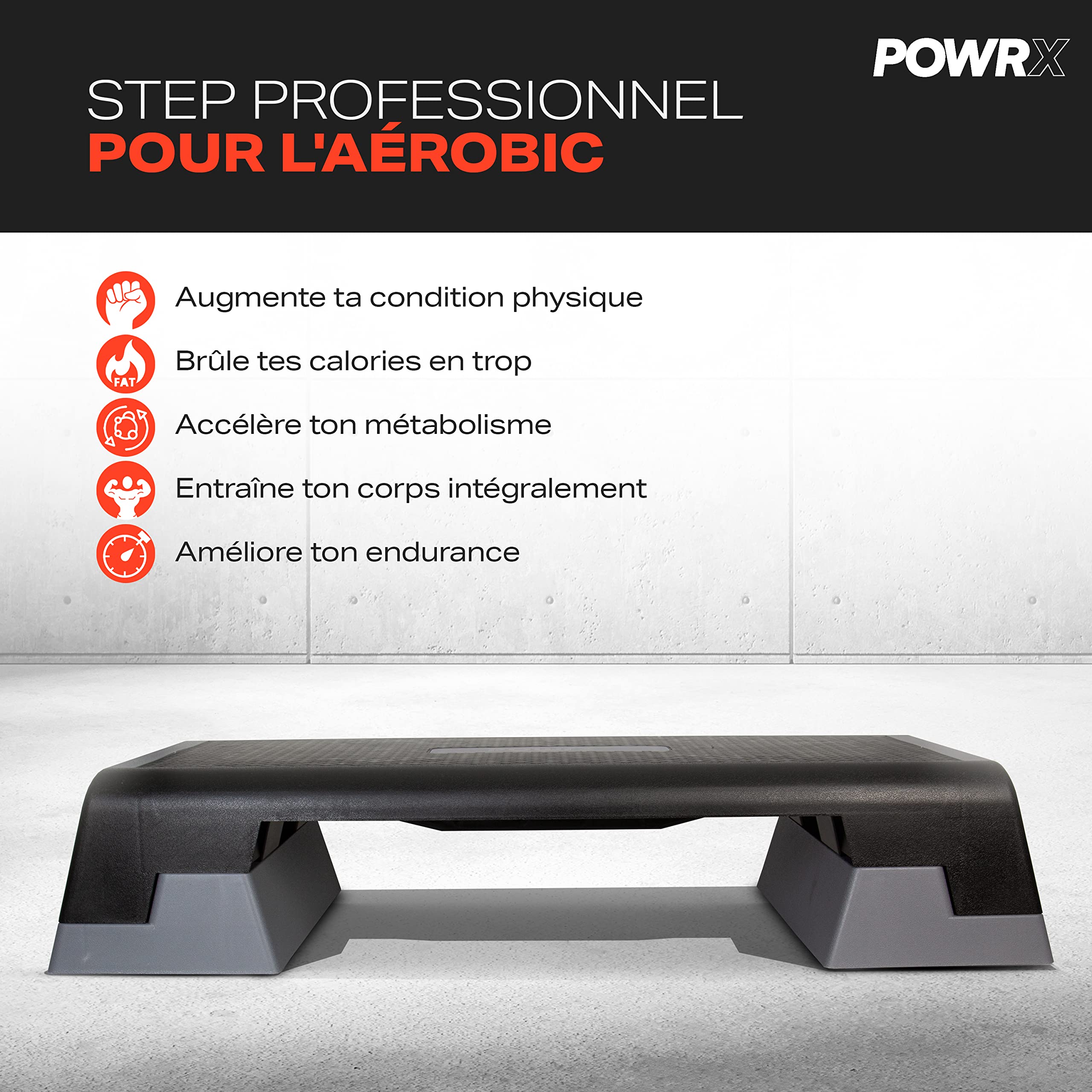 POWRX Step Aerobics Professional Fitness (89 x 34 cm) - Stepper d'entraînement à domicile ou en salle de sport - Hauteur réglable et surface antidérapante