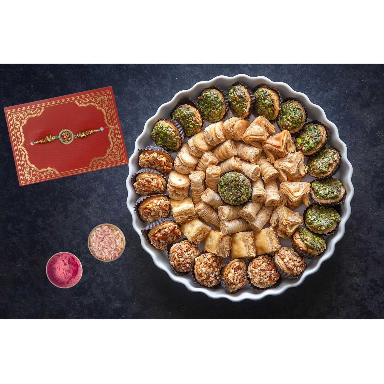 Dessert Drama Premium Gift Baklawa Sweets Baklava filled with Dry Fruits - Pista and Almonds Turkish Mithai For Gift 400 gm Sweets for Family With Rakhi Combo Set For Brother, Bhabhi