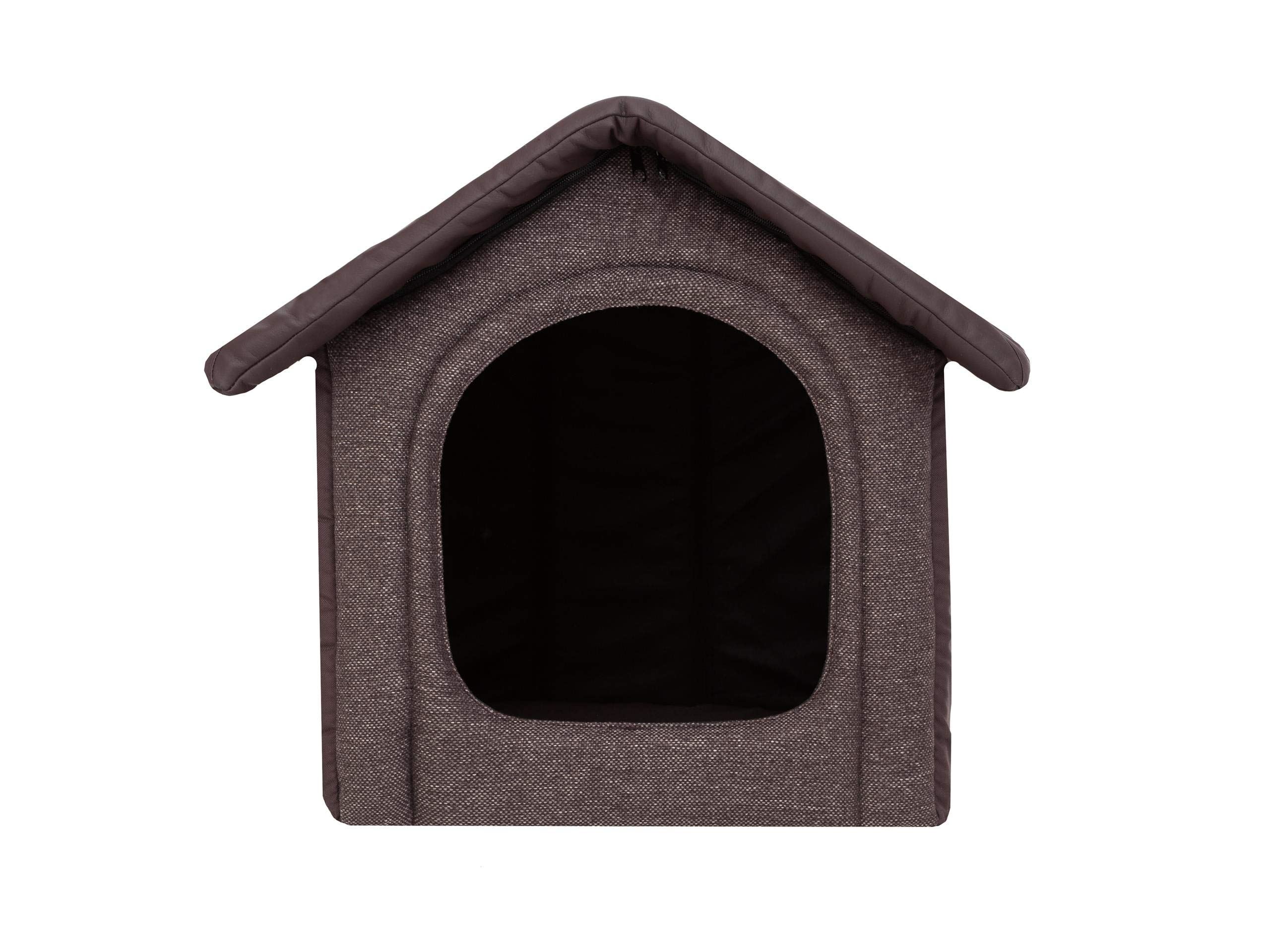 PillowPrim Buda Dla Psa i Kotów - Legowisko, Domek, Średnia, Rozmiar M, 44 x 38 cm, Brązowa Skóra Ekologiczna