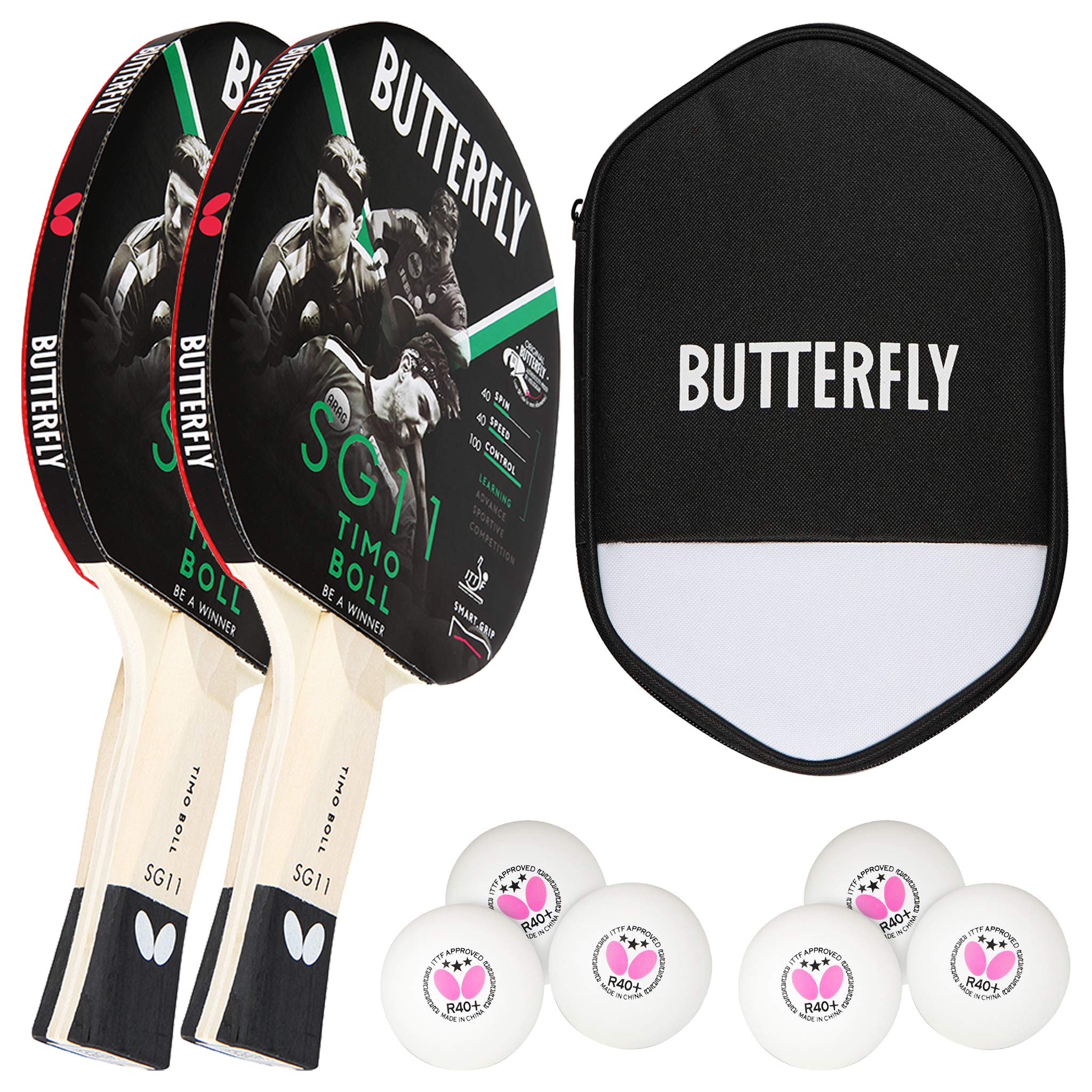 Butterfly Timo Boll 2 x SG11 Tischtennisschläger + Cell Case Tischtennishülle + 2 x 3*** ITTF R40+ Tischtennisbälle | Tischtennisschlägerset | Tischtennis Hobby Set