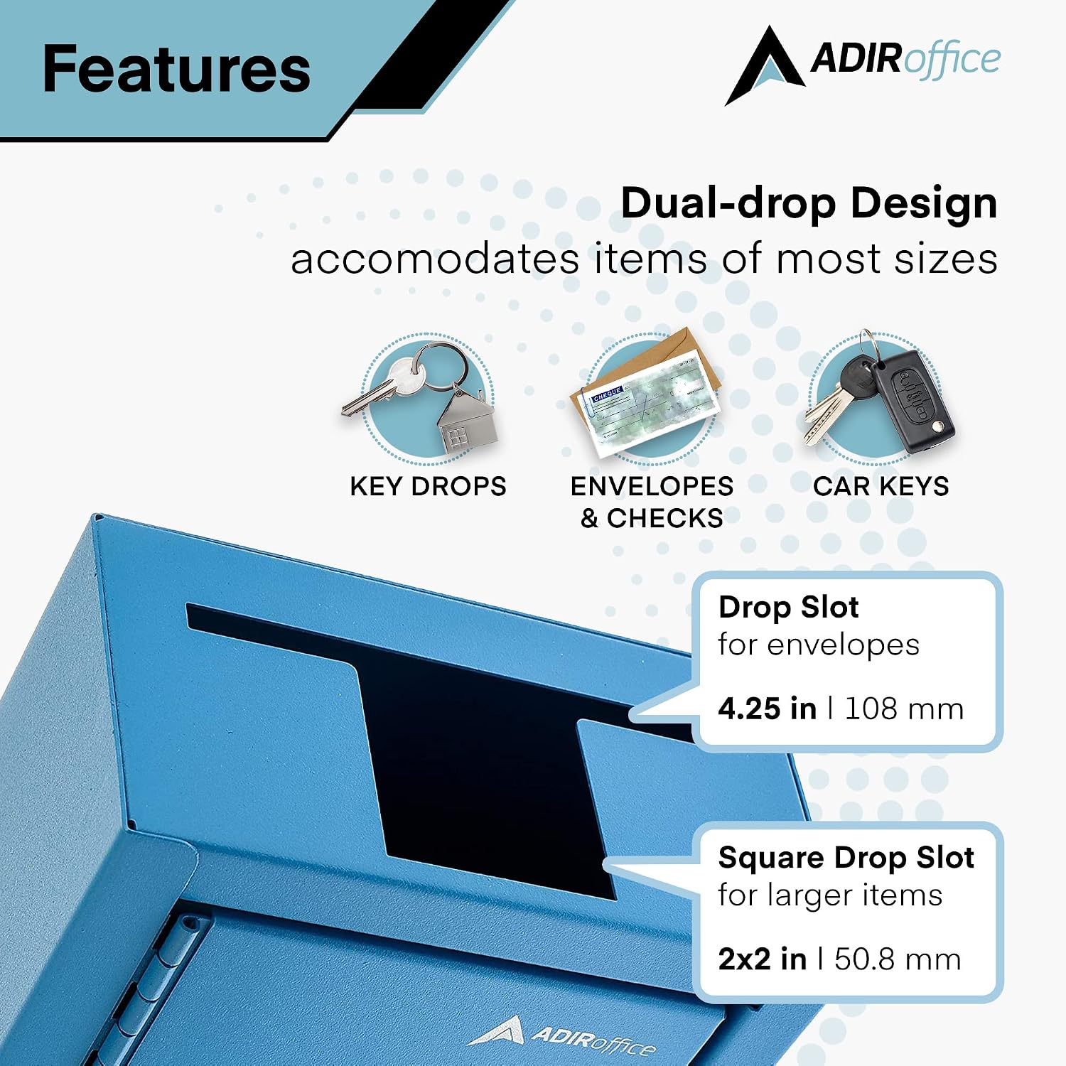 AdirOffice Large Key Drop Box – Large Capacity Commercial Grade Storage Box – Safe & Secure Parcel & Packages - for Home & Business Use (Blue)