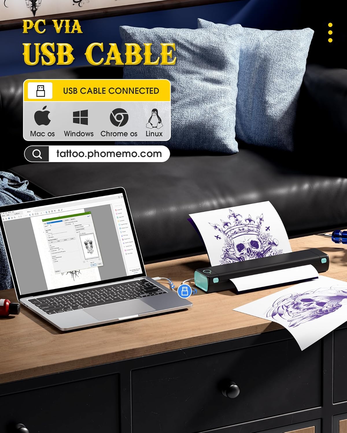 Itari M08F printer connected to laptop via USB