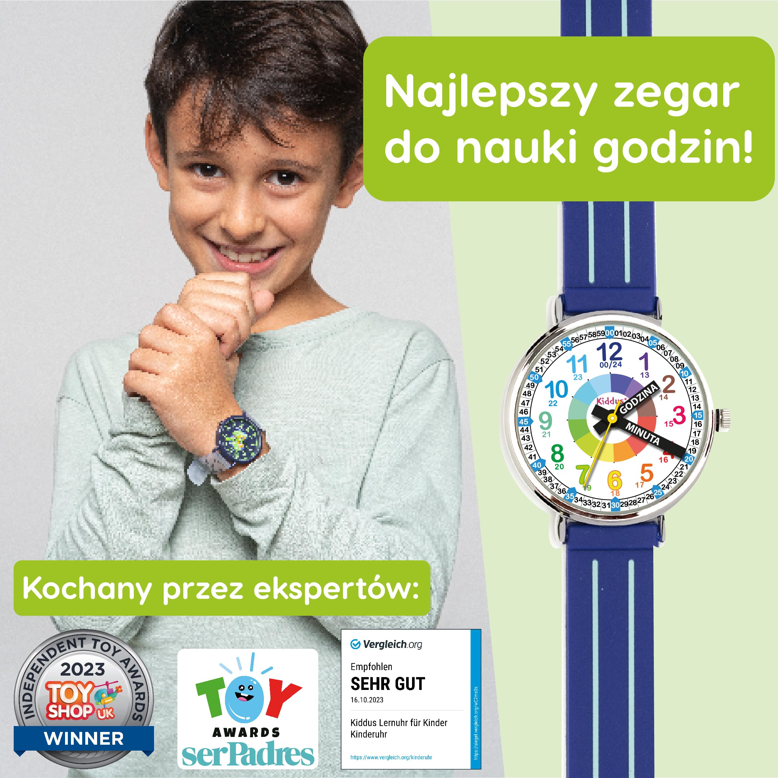 Kiddus Reloj Educativo Infantil para Niño y Niña a Partir de 5 Años, Sumergible 5ATM, Reloj Analógico para Aprender la Hora, Mecanismo Japonés