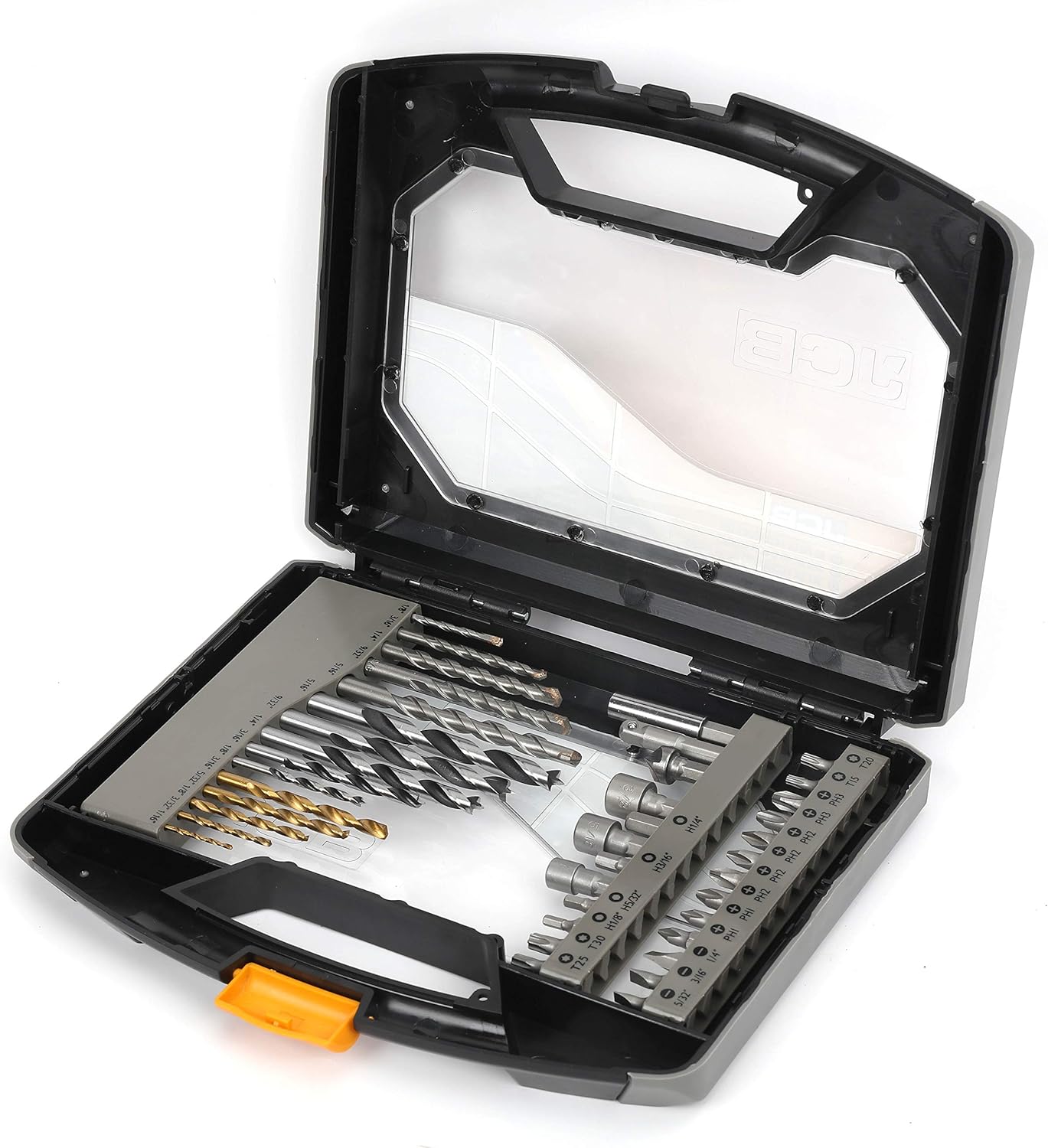 JCB Tools 40 Piece Drill Set & Screwdriver Bits | Metal, Masonry, Wood Drill Bits, Screwdriver Bits & Sockets Included | Drill Kit With Folding Case & Handle (JCB-PTA-40-NA)
