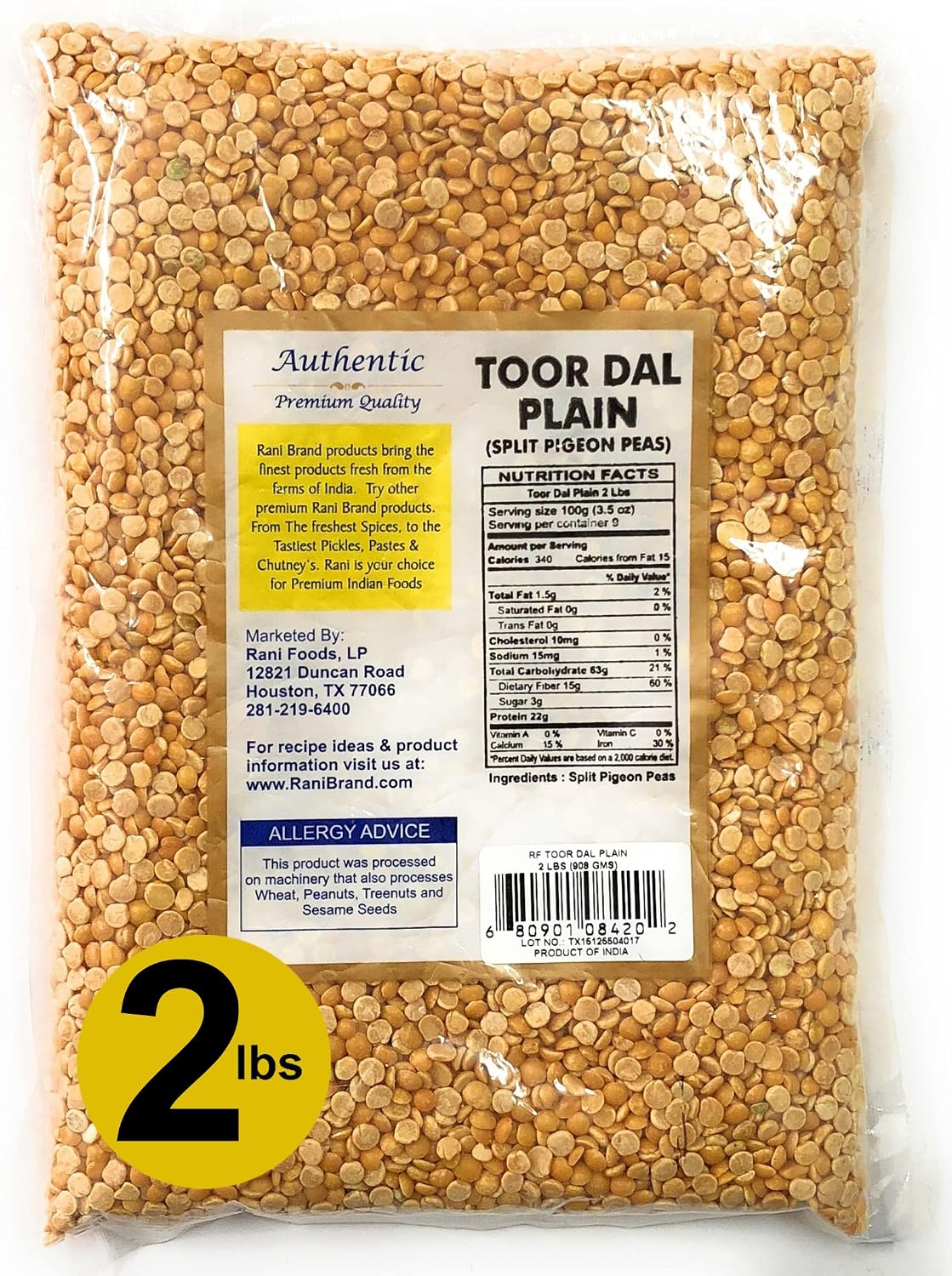 Rani Toor Dal (Split Pigeon Peas) 32oz (2lbs) 908g ~ All Natural | Gluten Friendly | NON-GMO | Vegan | Indian Origin