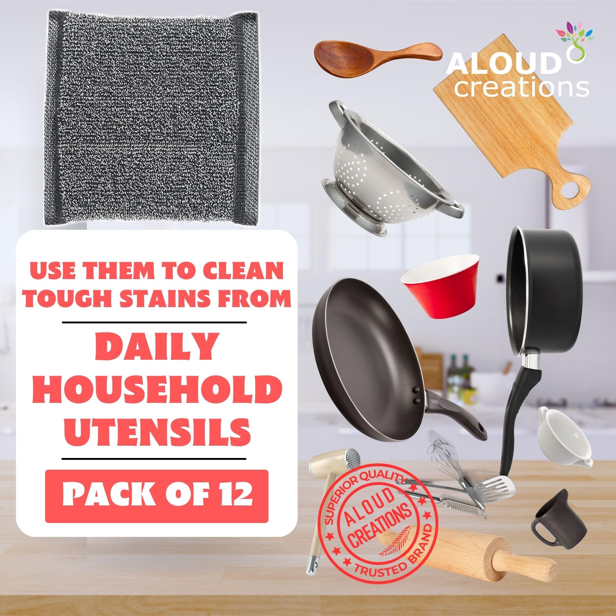 ALOUD CREATIONS Steel Scrubber | Steel Foam Pad Sponge | Black | Pack of 12 2
