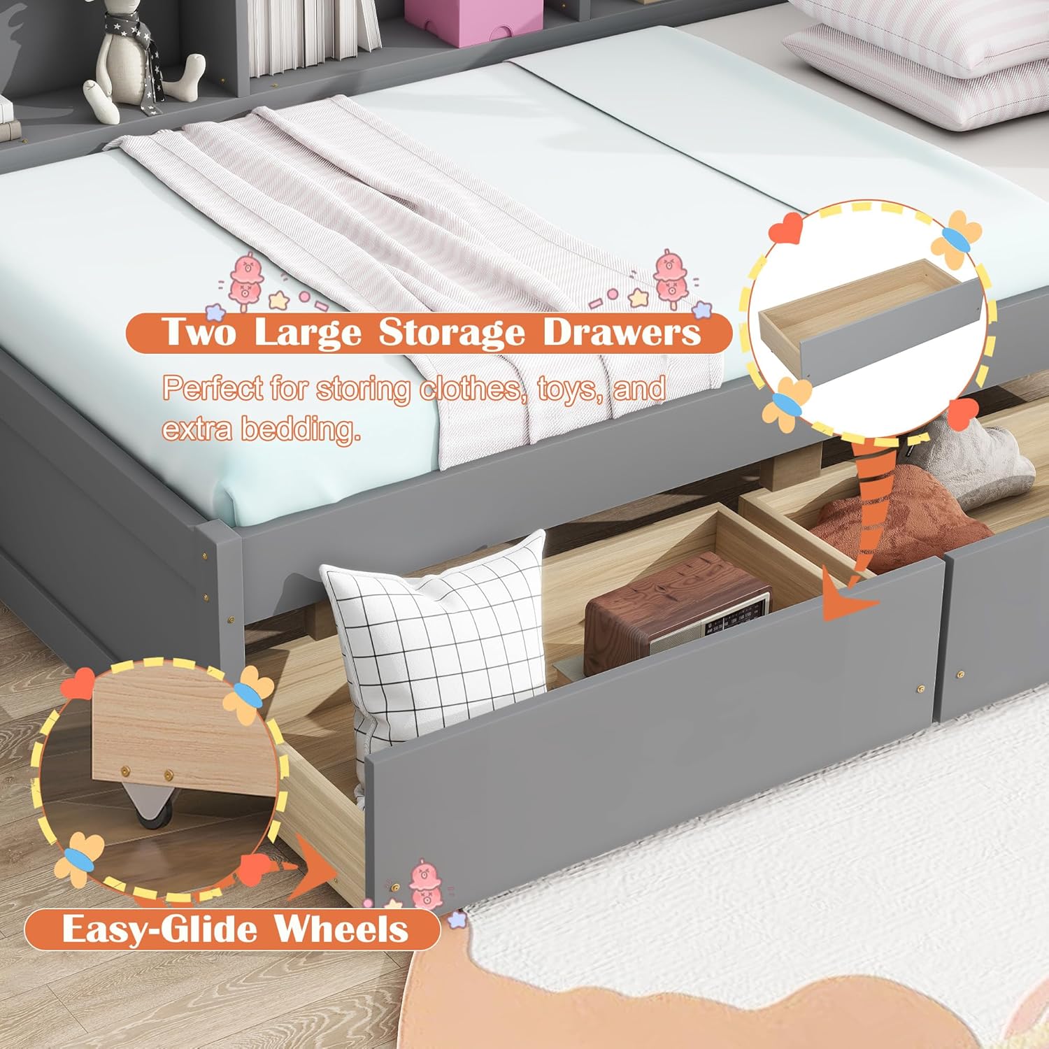 Twin Size Daybed with Storage and Drawers, L-Shaped Corner Bed Frame with Bookcase Headboard, Solid Wood Captains Bed Frame for Kids, No Box Spring Needed (Grey, Twin)