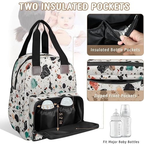 Miniatura 4 de Bolsa de pañales estilo terrazo mochila multifuncional para madre y bebé, compartimento térmico, puerto de carga USB, gran capacidad, organizador