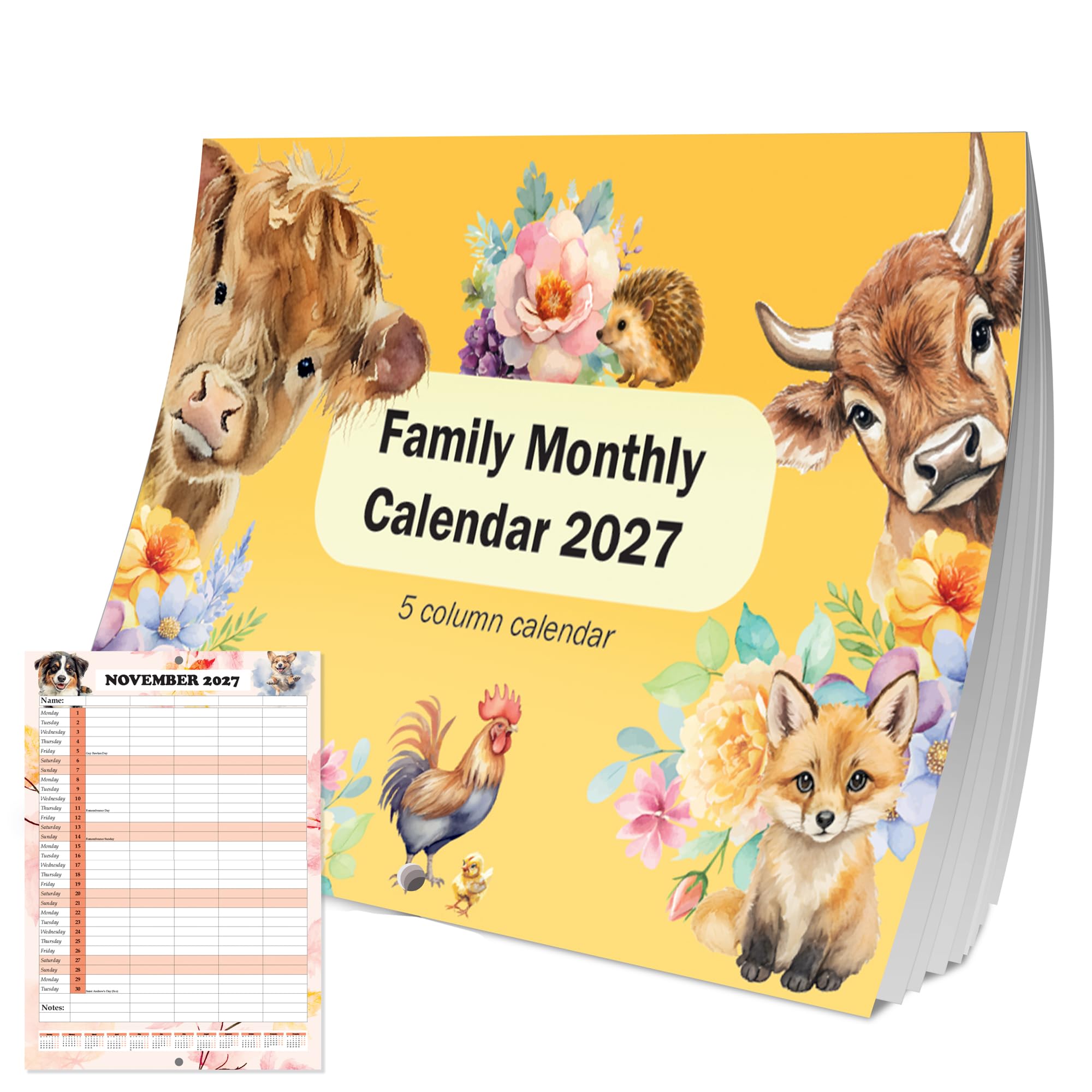 2027 Family Planner 5 Column A3 Wall Calendar Farm Animals Organiser