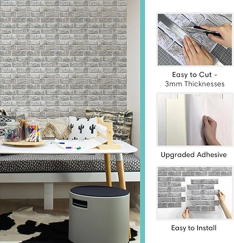 Miniatura 5 de Commomy Paneles de pared de ladrillo sintético 3D para despegar y pegar, 10 piezas de 11.8 x 11.8 pulgadas, papel tapiz de ladrillo rojo imprimible