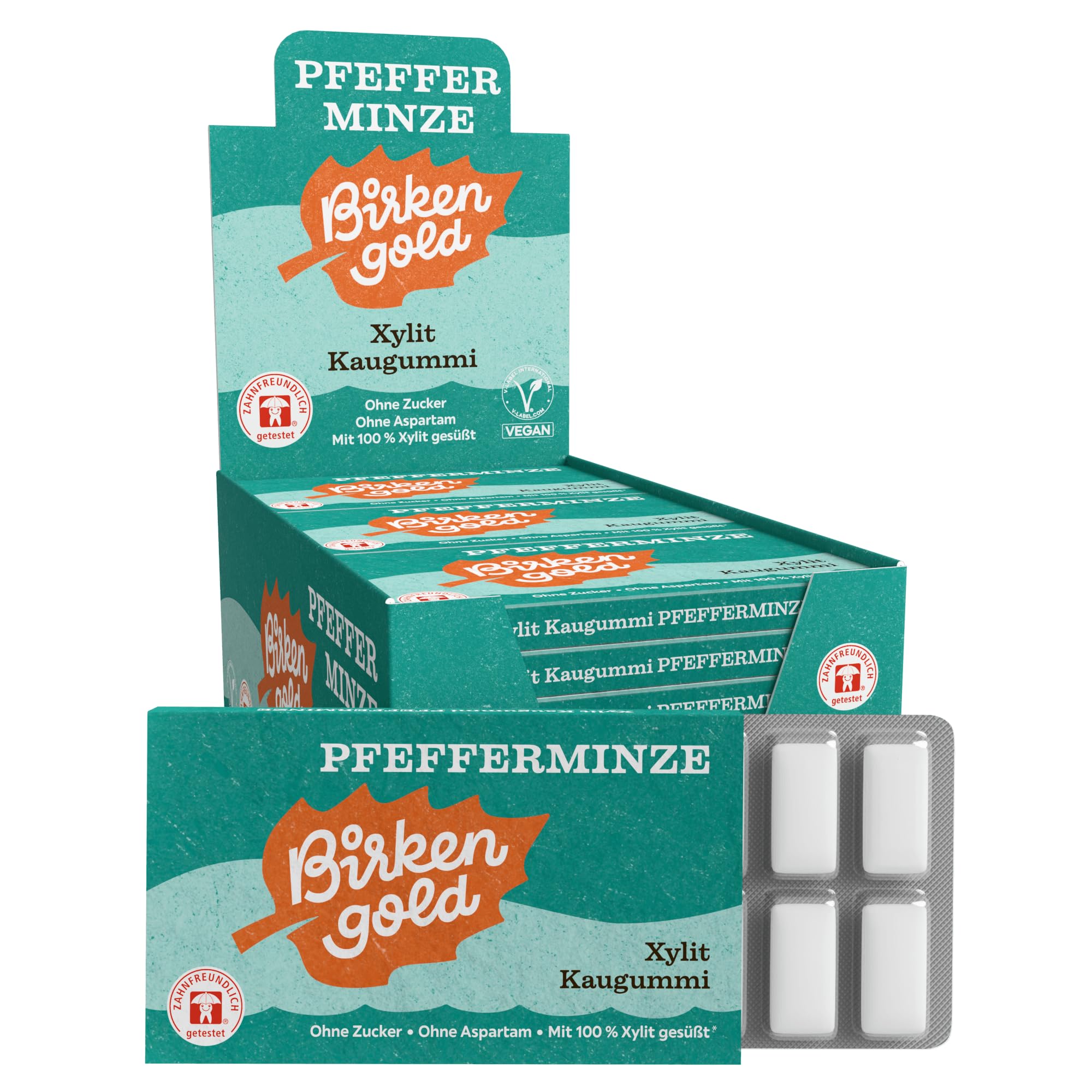 Birkengold Xylit Kaugummi Pfefferminze | 12 Stk. Blister | Zahnpflege-Kaugummi | Zuckerfrei | Hoher Xylit-Anteil 70% | Vegan | Ohne Titandioxid | Ohne Aspartam | Mit Birkenzucker