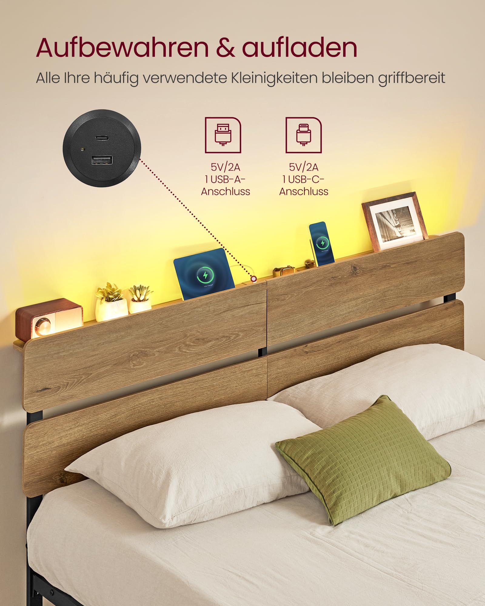 VASAGLE Doppelbettgestell, Bett, 140 x 200 cm, Metallrahmen, LED-Beleuchtung, USB-A- und USB-C-Anschluss, Unterbettaufbewahrung, Industrie-Stil, einfache Montage, naturbraun RMB104HC01