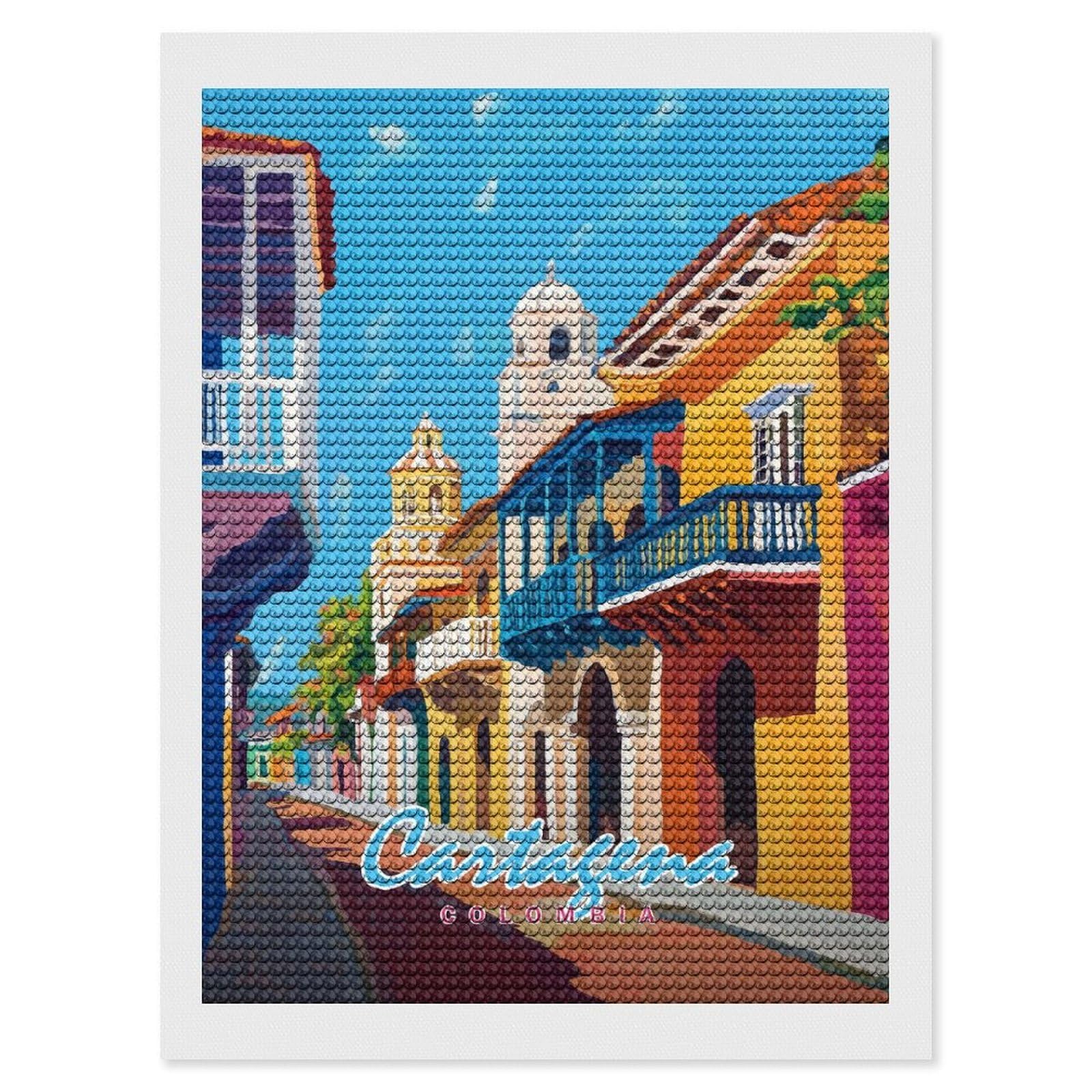 Junmoney Cartagena, Colombia Street Scene Diamond Art Canvas 12"x16", Full Kit Included, Bedroom Decor, for Beginners, Thoughtful Handmade Gift