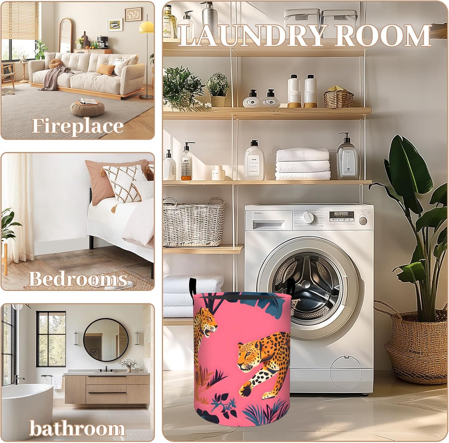 Leopard Laundry Basket, Oxford Cloth Nature Dirty Clothes Collapsible Hamper for Room Decor, Jungle Animal and Botanical Print Gifts Toy Organizer 19.7 * 15.7 Inch for Bedroom Bathroom Dorm