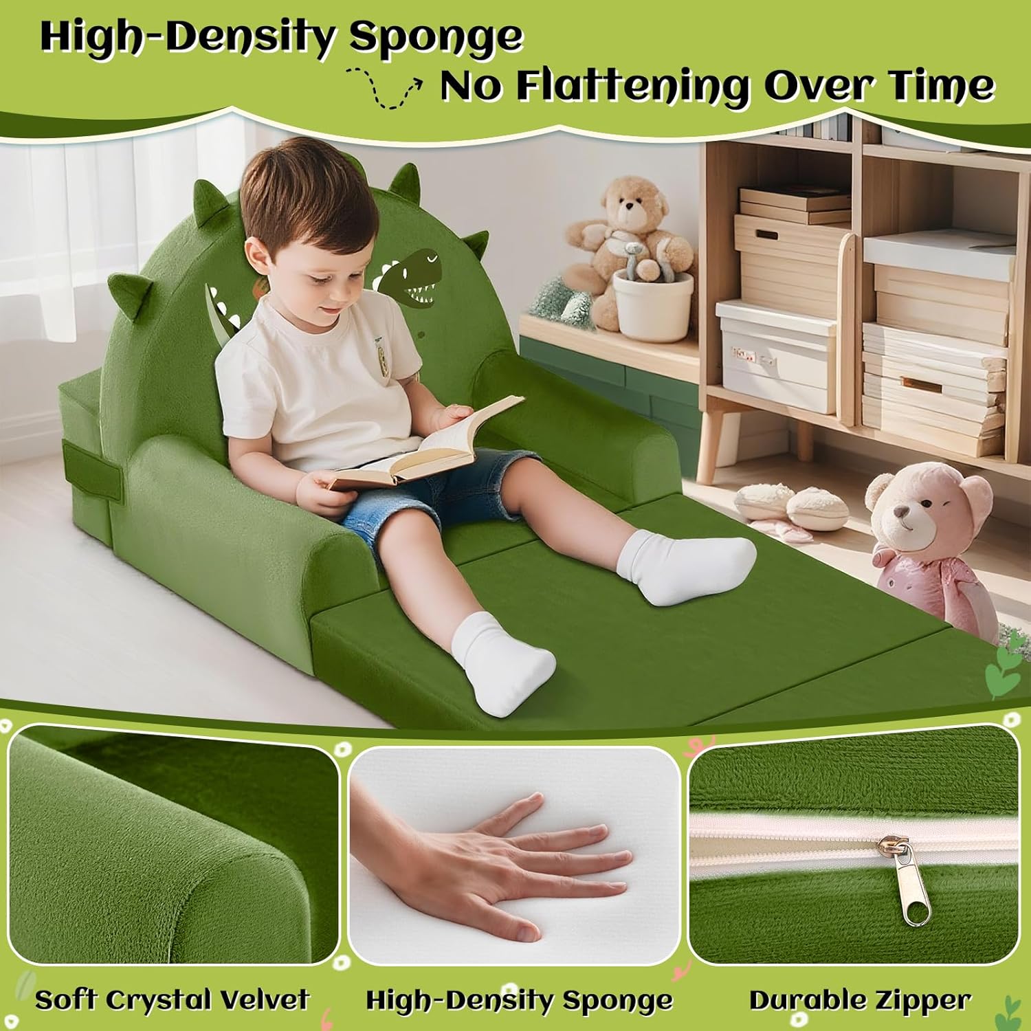 Dinosaur Kids Sofa Bed with Removable Washable Cover & ​​Hook and Loop​​ Backrest – Foldable Toddler Chair, Cozy Crystal Velvet Furniture for Playtime, Naps & Travel (Dark Green, Dino Design) - Image 6