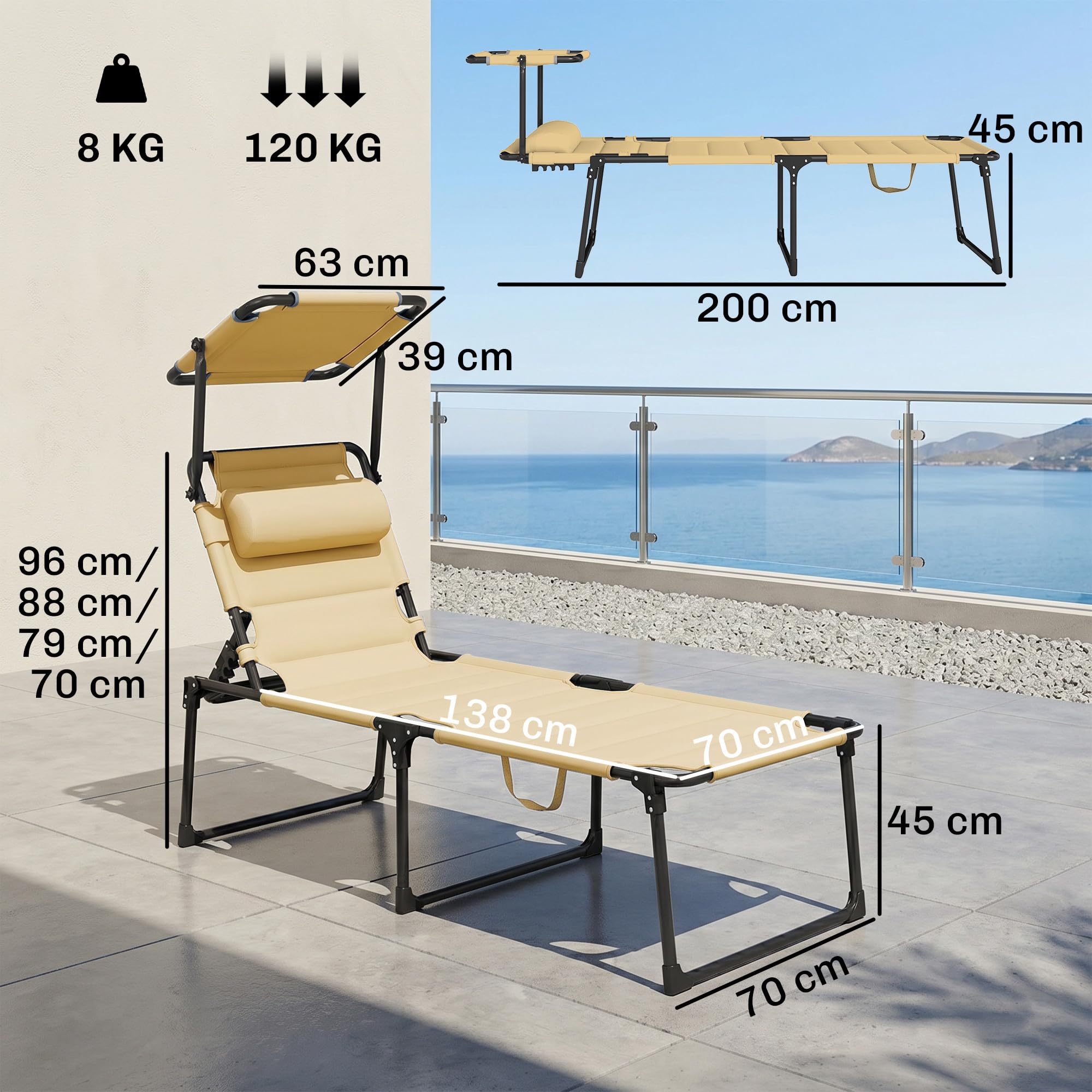 Outsunny Tumbona Plegable, Tumbona Jardín Exterior con Toldo Ajustable, Respaldo Regulable en 4 Niveles, Reposacabezas, Cojín Grueso, para Terraza, Piscina, 70x200x45 cm, Crema
